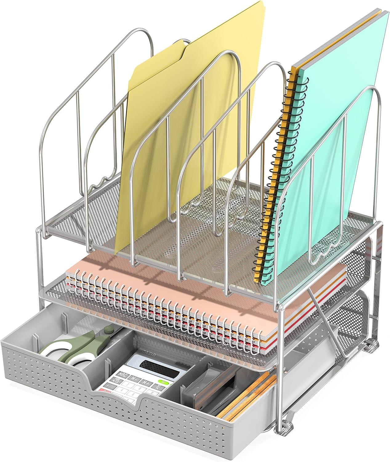 DecoBros Mesh Desk Organizer with Double Tray and 5 Upright Sections, Sliver