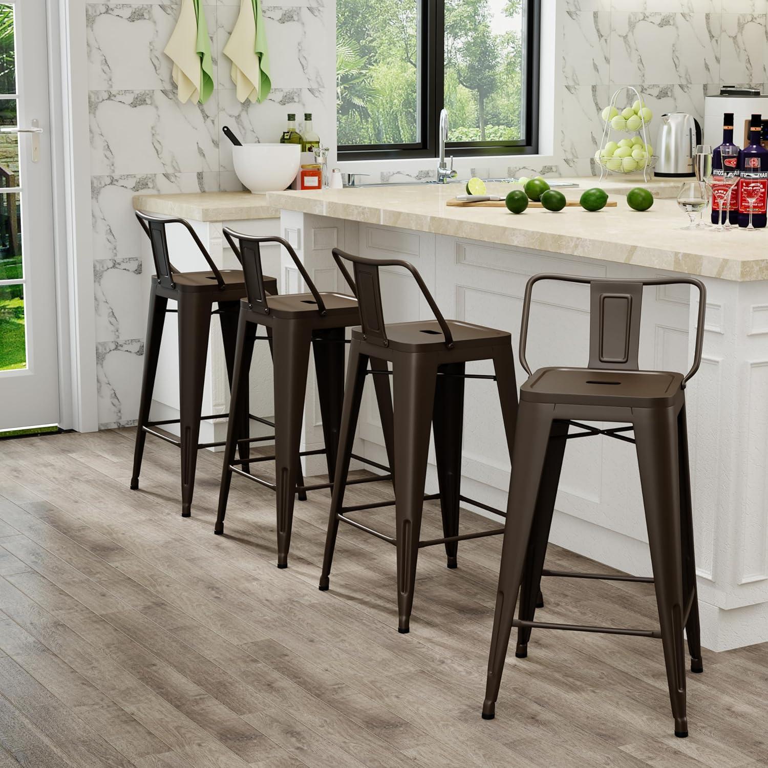 WENTMENT Bar Stools Set of 4 Counter Height Bar Stools Metal Barstools with Removable Back 30" Kitchen Bar Stools with Wooden Seat, Rusty