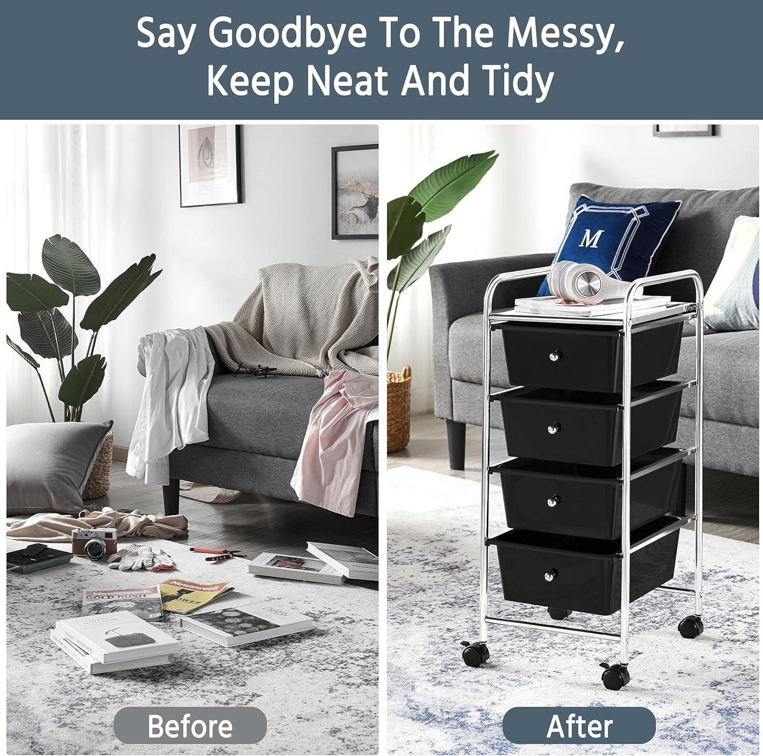 Yaheetech 4 Drawers Rolling Storage Cart Metal Frame Plastic Drawers for Office Home Study,Black