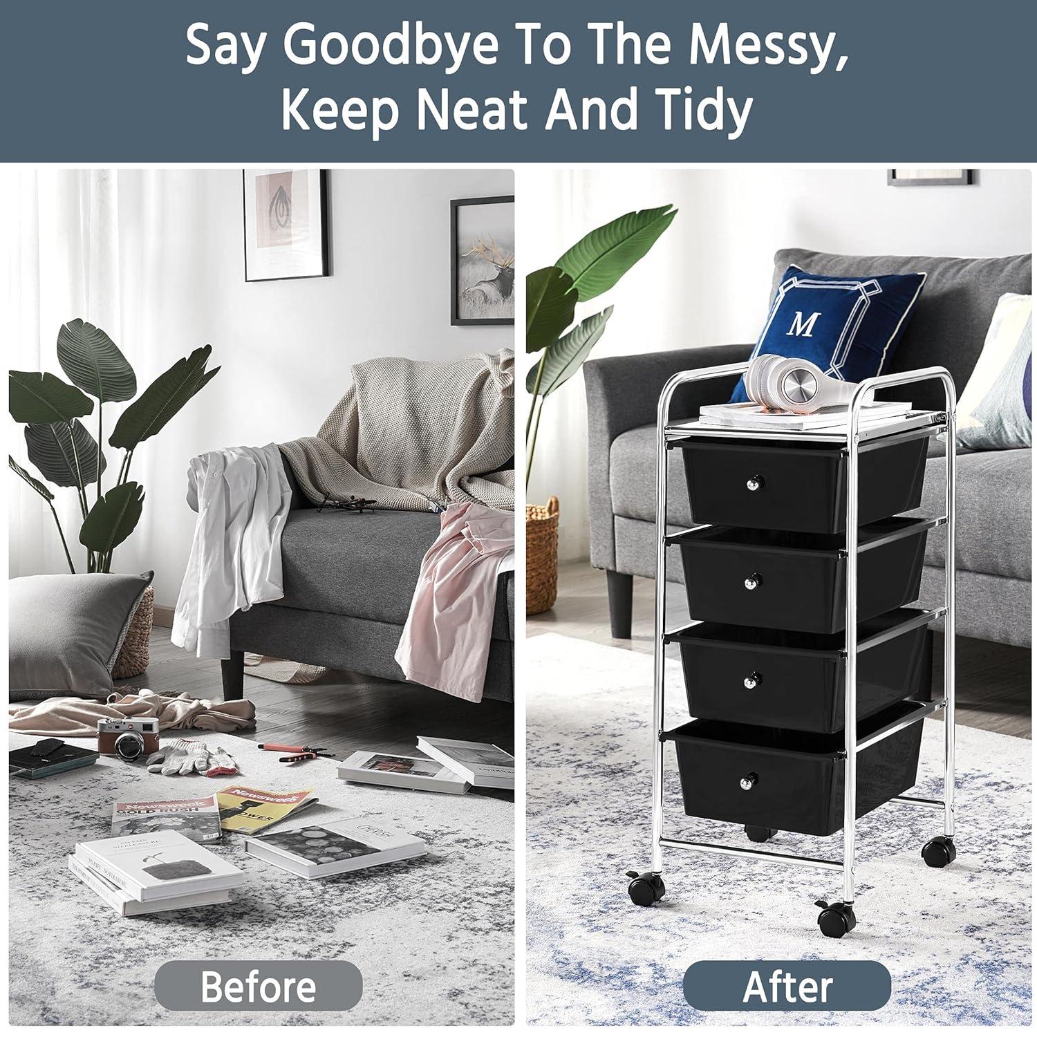 Yaheetech 4 Drawers Rolling Storage Cart Metal Frame Plastic Drawers for Office Home Study,Black