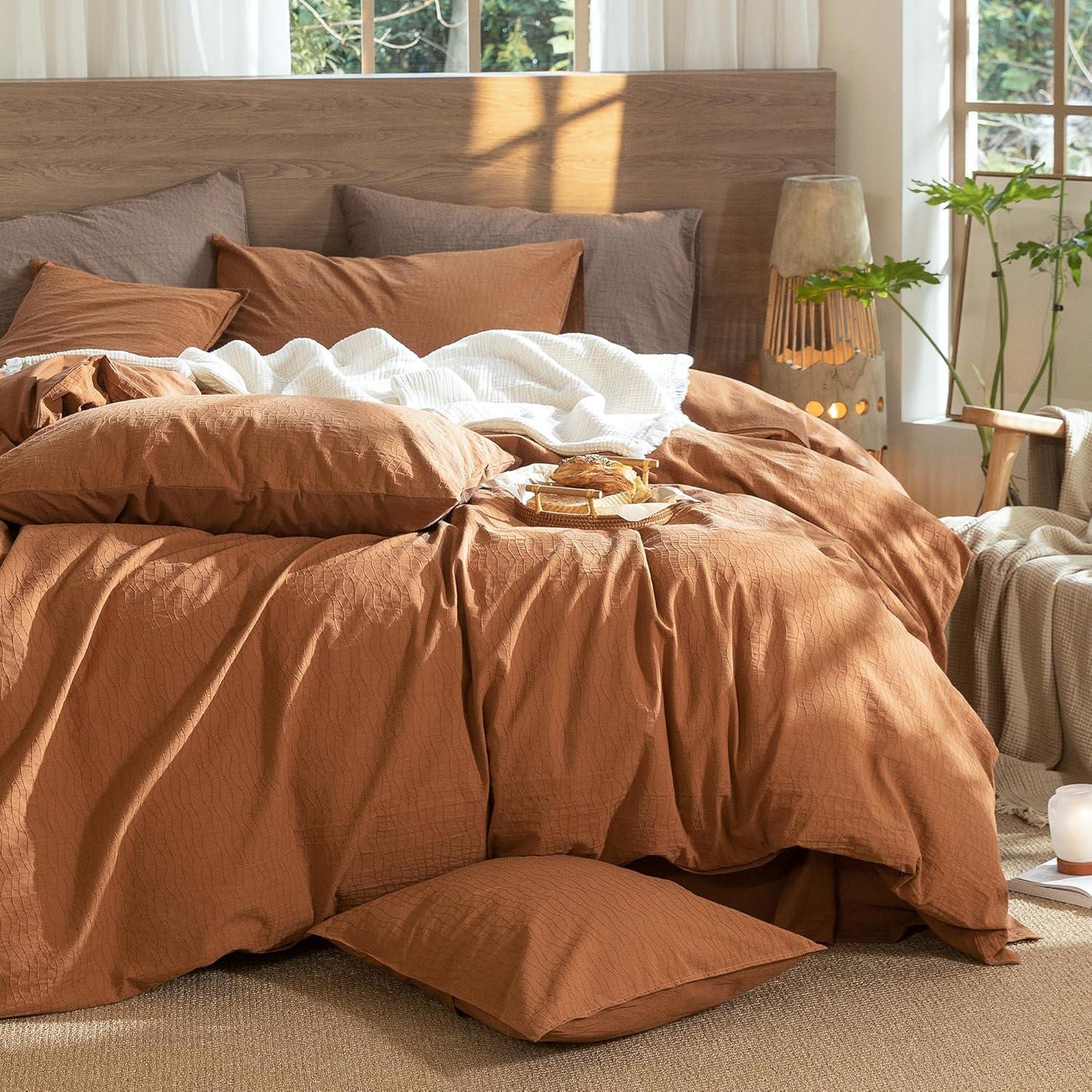 MOOMEE 100% Washed Cotton Linen Like Textured Duvet Cover Set