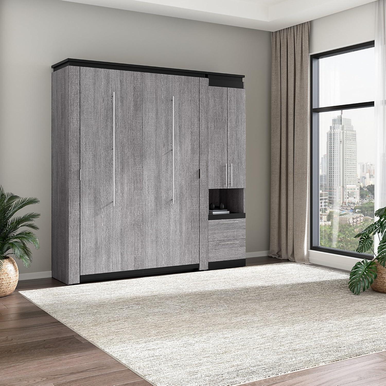 Bestar Orion 89" Full Murphy Bed with Storage Cabinet in Bark Gray