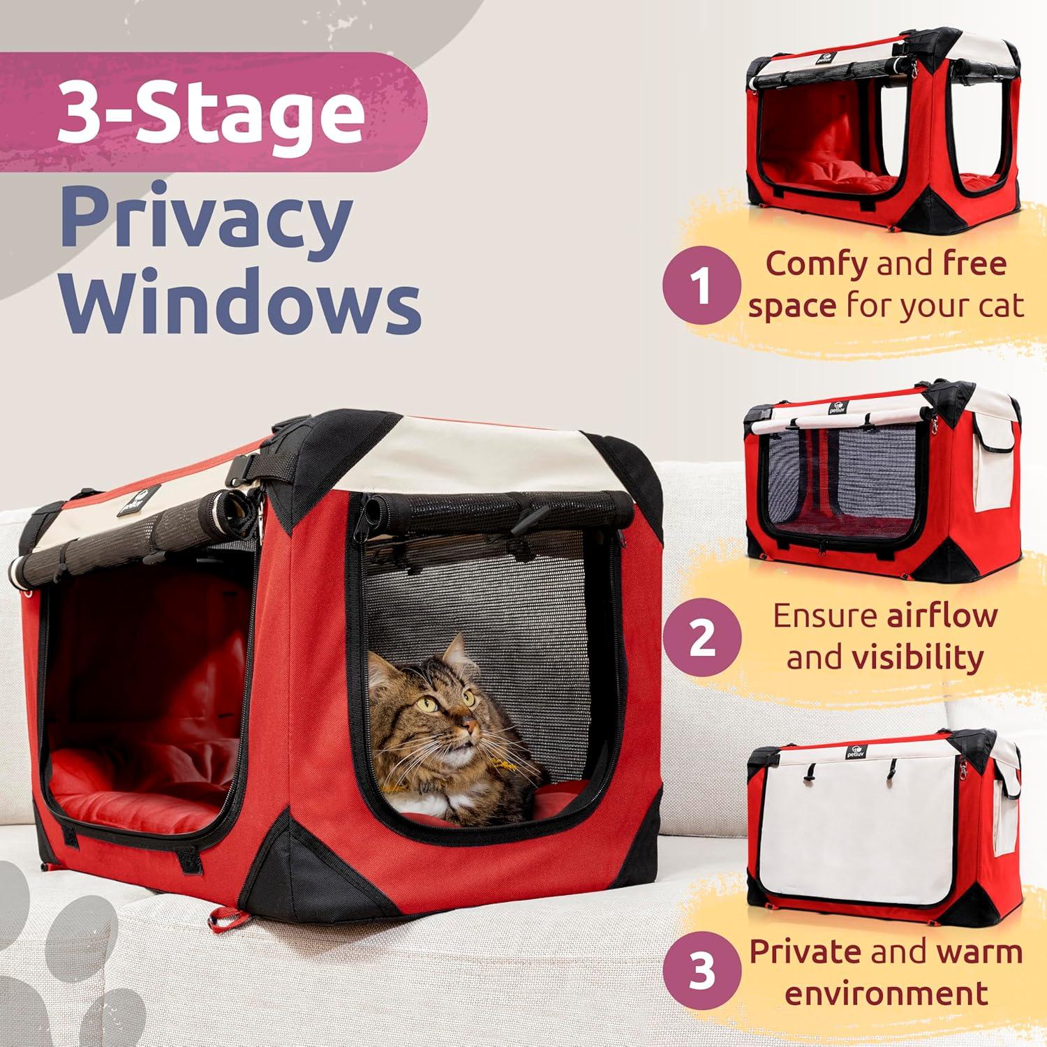 PetLuv Cat & Dog Carrier Foldable Pet Travel Crate, Removable Plush Pillow, Privacy Windows, Locking Zippers, Pocket, Seatbelt Straps, Medium Red