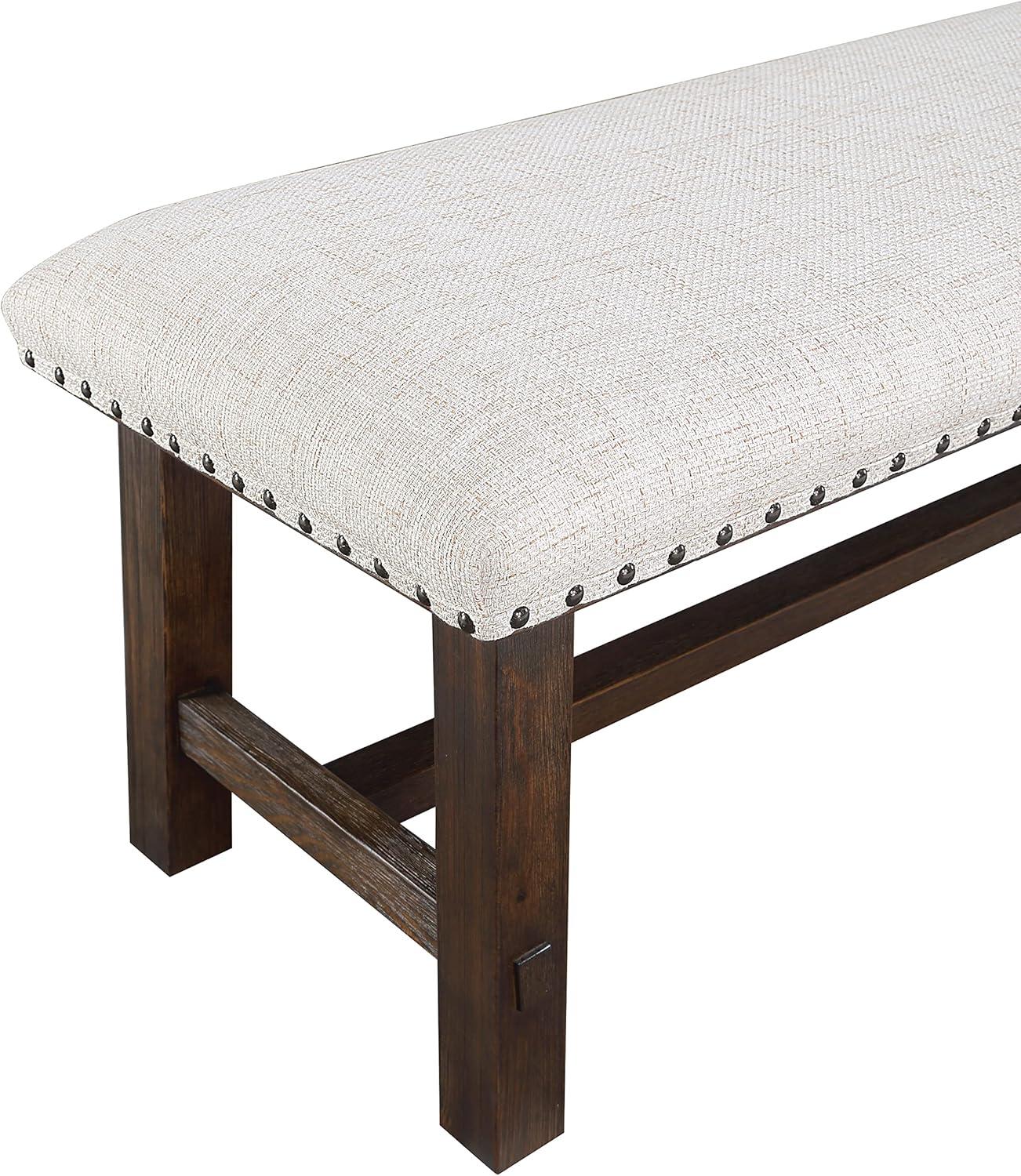 Dark Walnut and Linen Bench with Antique Bronze Nailhead Trim