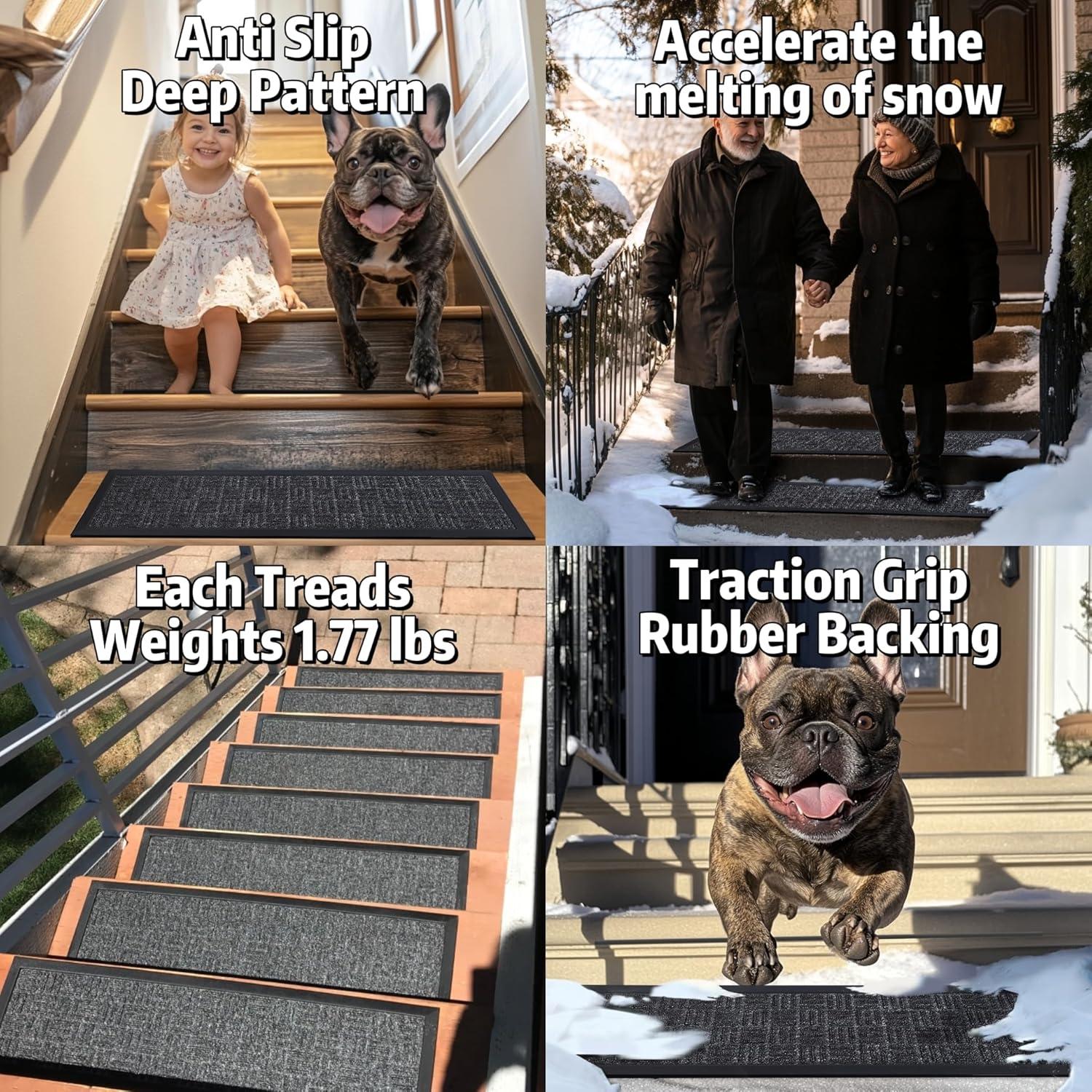 Aucuda 6pcs 8.5" x 30" Stair Treads Outdoor for Elders and Dogs on Wooden Steps, Non Slip Stair Runner Rug Heat Insulation Rubber Backing, Staircase Mat Carpet for Indoor Grip Farmhouse.
