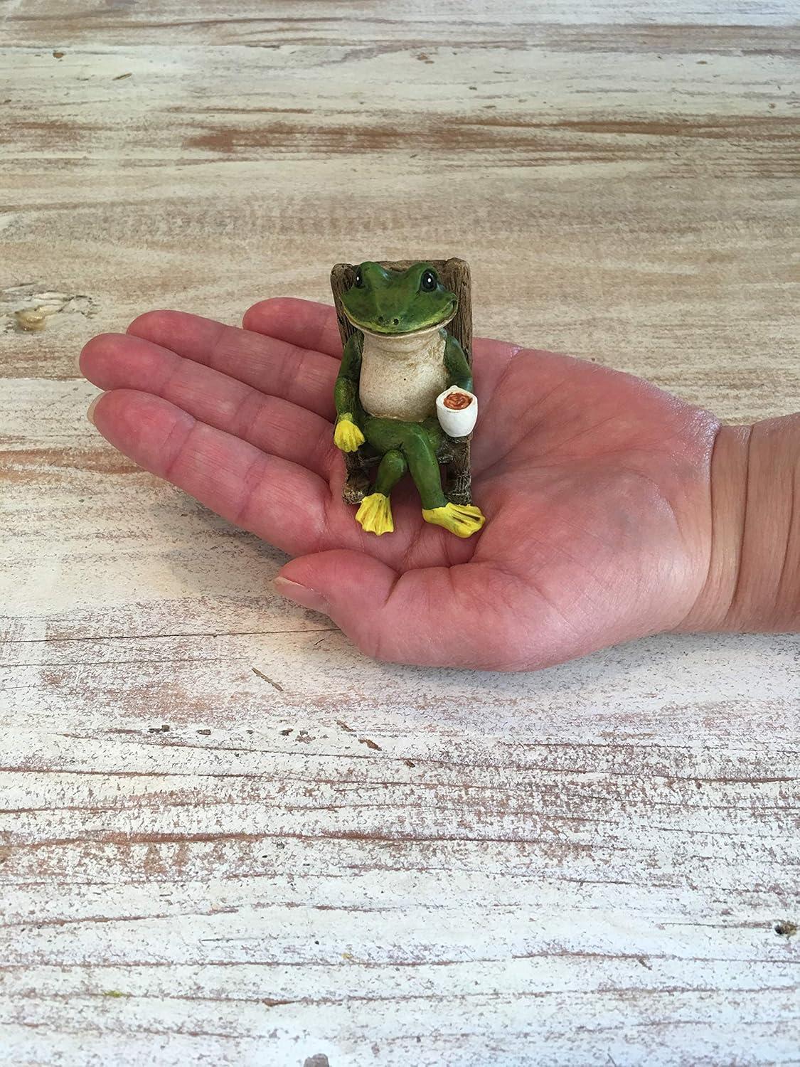 Miniature Green Frog Garden Statue with Coffee Cup