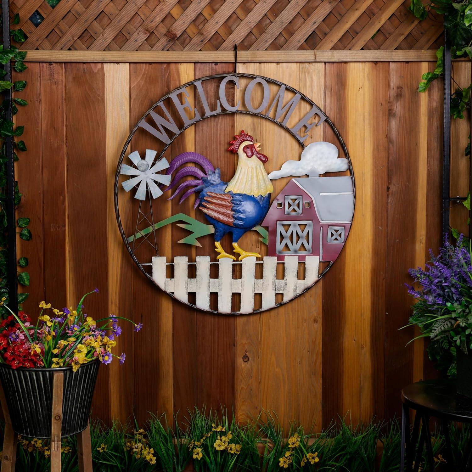 Alpine 30"H Large Round Rooster and Farm Welcome Wall Sign