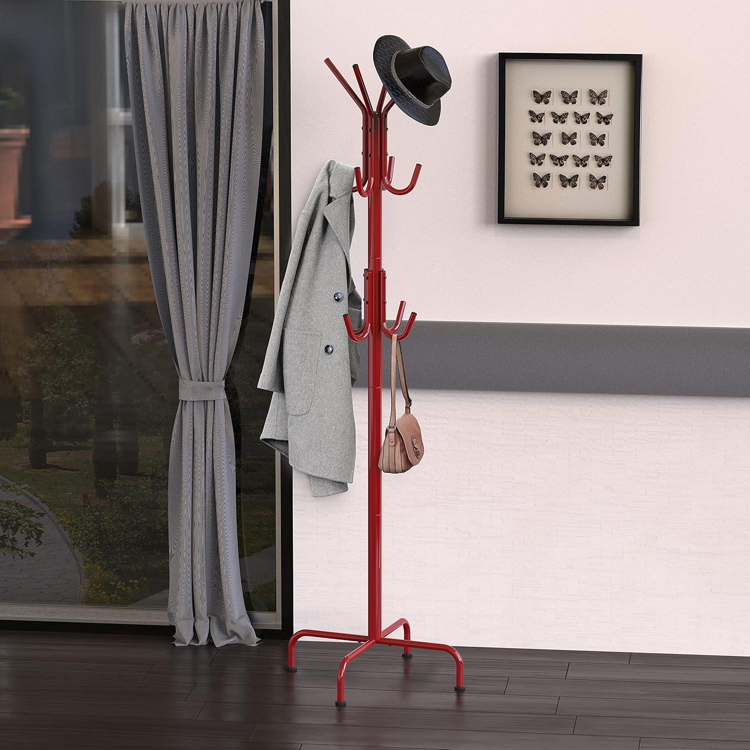 Passion Red Metal Standing Coat and Hat Rack with 12 Hooks