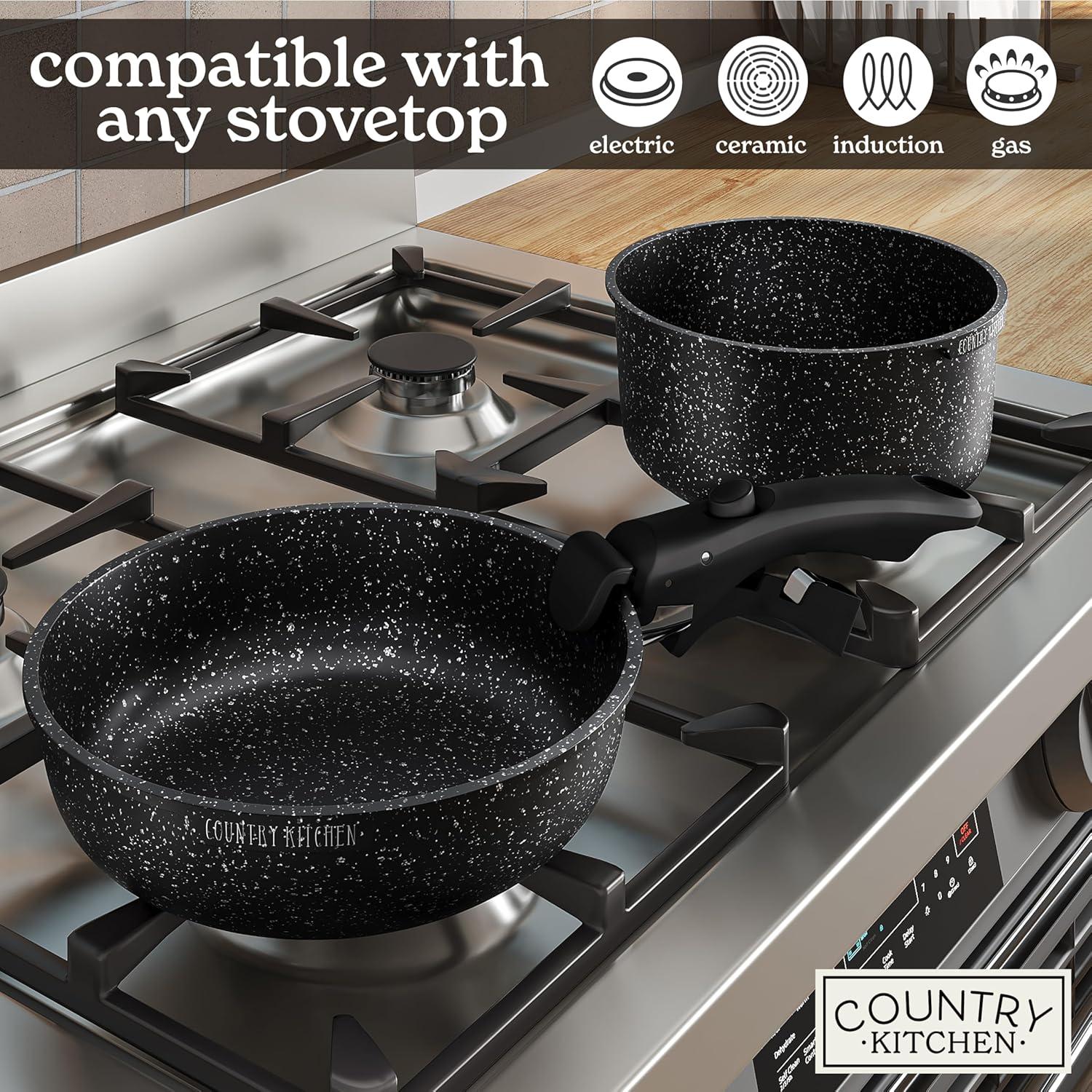 Country Kitchen 13-Pc Pots and Pans Set with Removable Handles Nonstick Cookware Set, Black