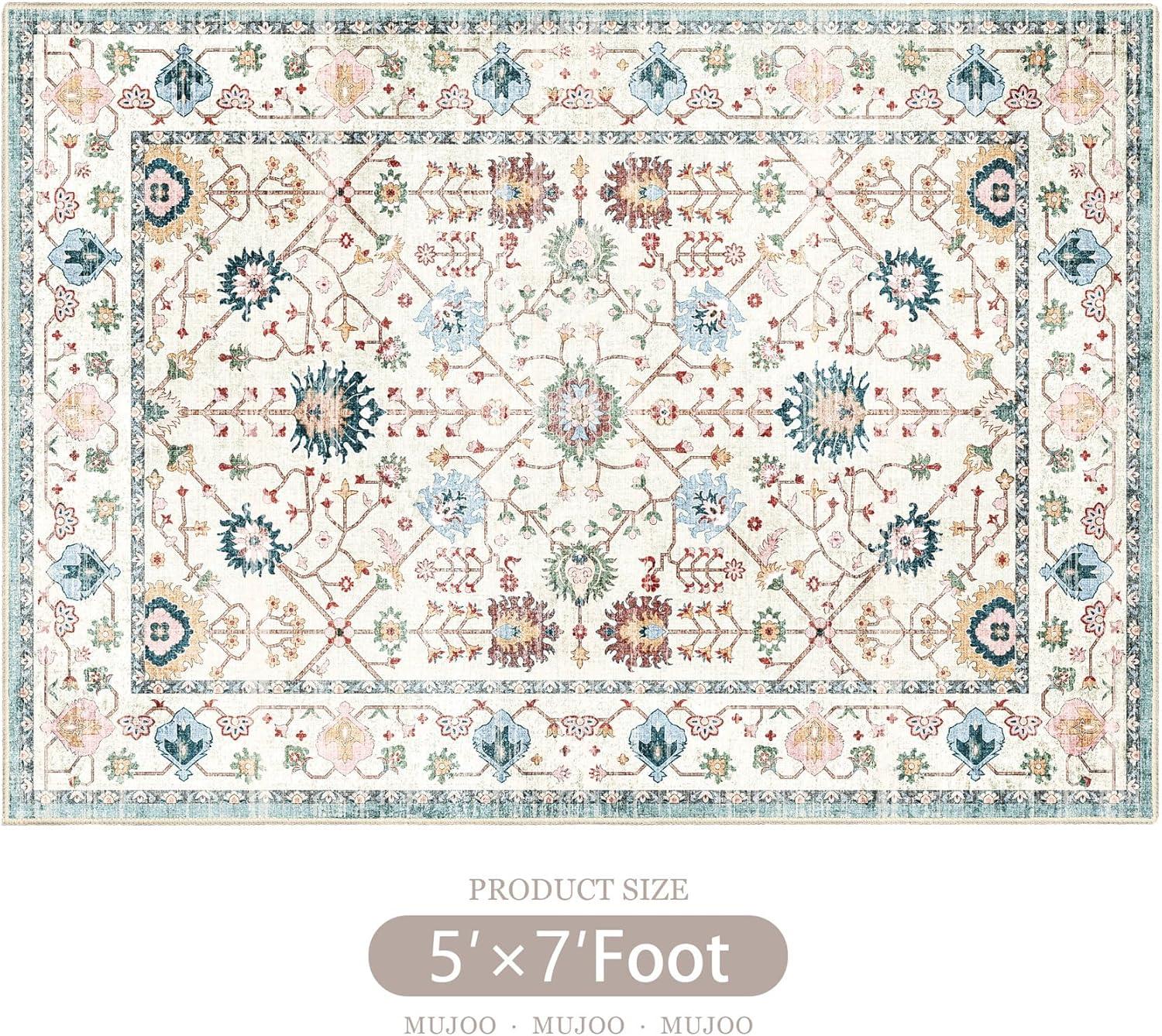 MUJOO 5x7 Area Rugs,Washable Rugs for Living Room Bedroom Bedside,Blue Boho Non Slip Carpet Indoor,Vintage Soft Teal and Pink Floral Rug