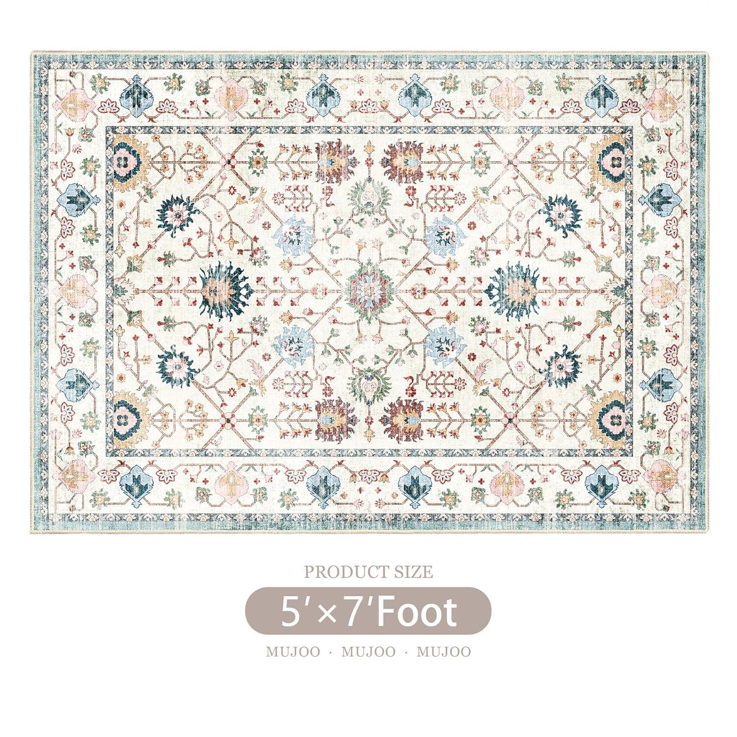 MUJOO 5x7 Area Rugs,Washable Rugs for Living Room Bedroom Bedside,Blue Boho Non Slip Carpet Indoor,Vintage Soft Teal and Pink Floral Rug