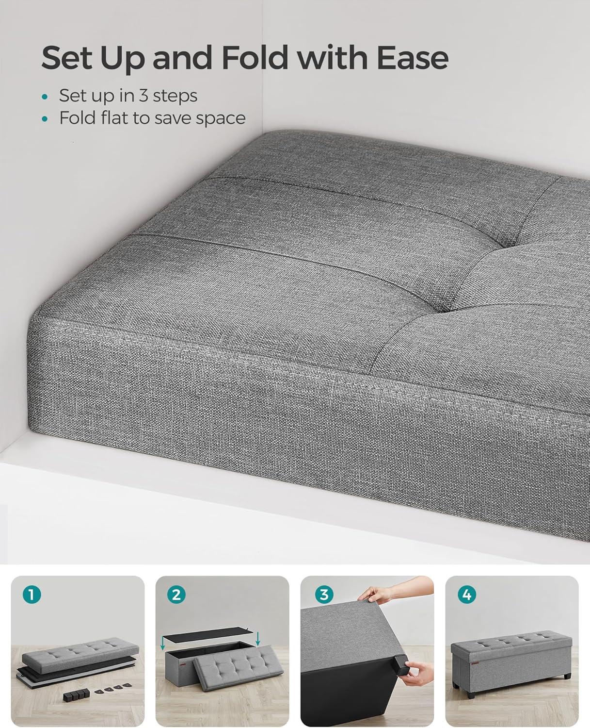 Dove Gray Linen-Look Foldable Storage Ottoman Bench with Legs