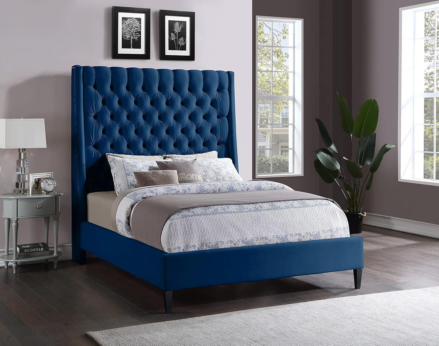 Elegant Navy Velvet Full Bed with Brass Nailhead Trim and Tufted Headboard