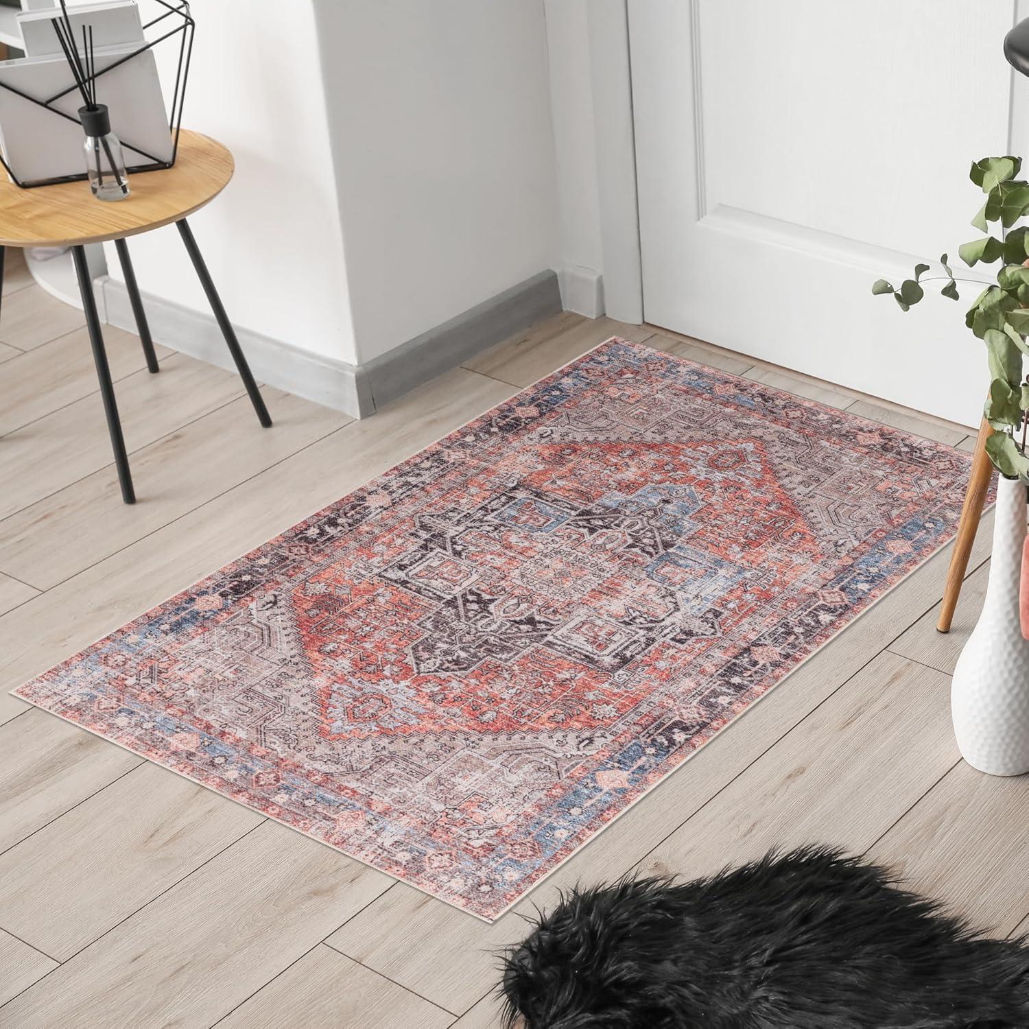 Machine Washable Thin Area Rug - Oriental Vintage Rust Red Kitchen, Bedroom, Hallway, Bathroom, and Entryway 3x5 Rugs - Stain and Water-Resistant - Non-Slip - Pet and Kid Friendly