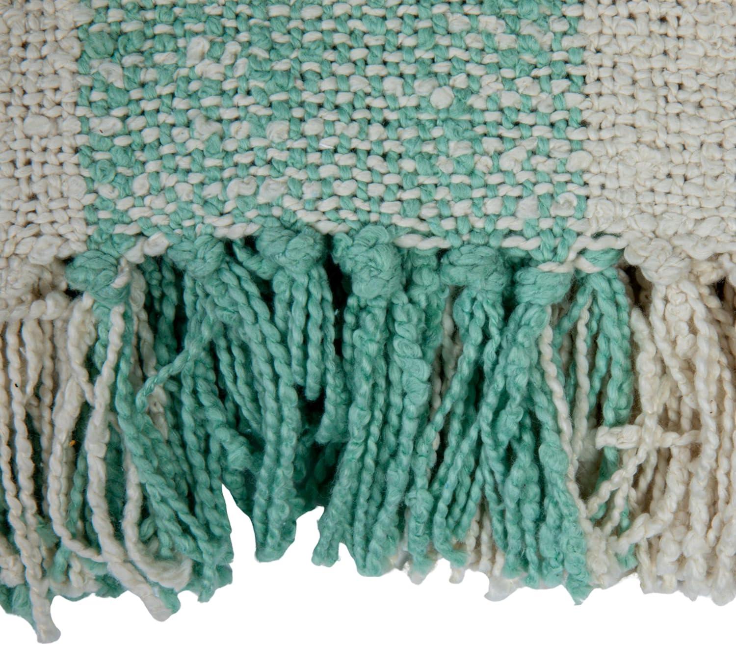 Mint and Cream Hand-Woven Cotton Plaid Throw with Fringe