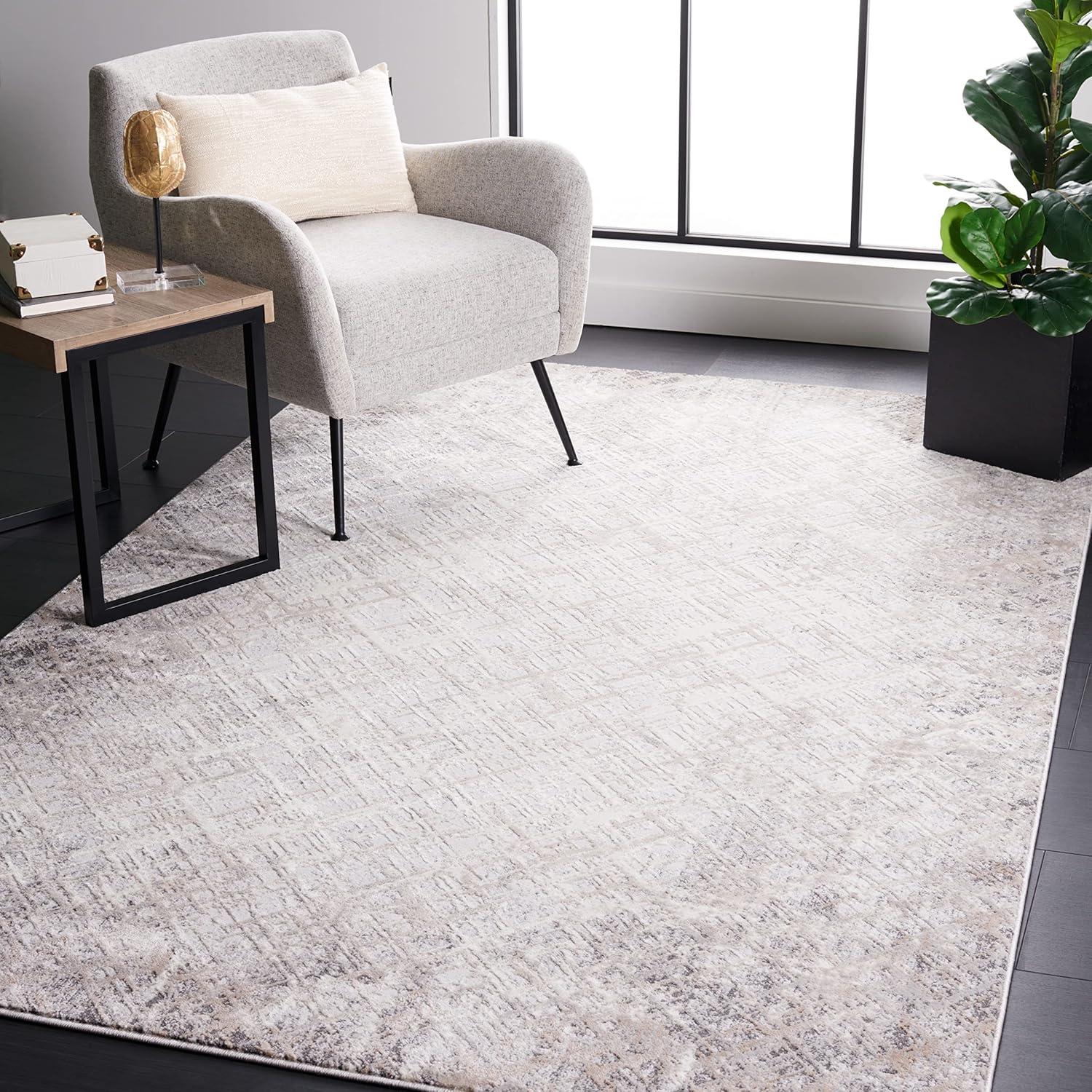 Beige and Grey Abstract Hand-Knotted Synthetic Area Rug