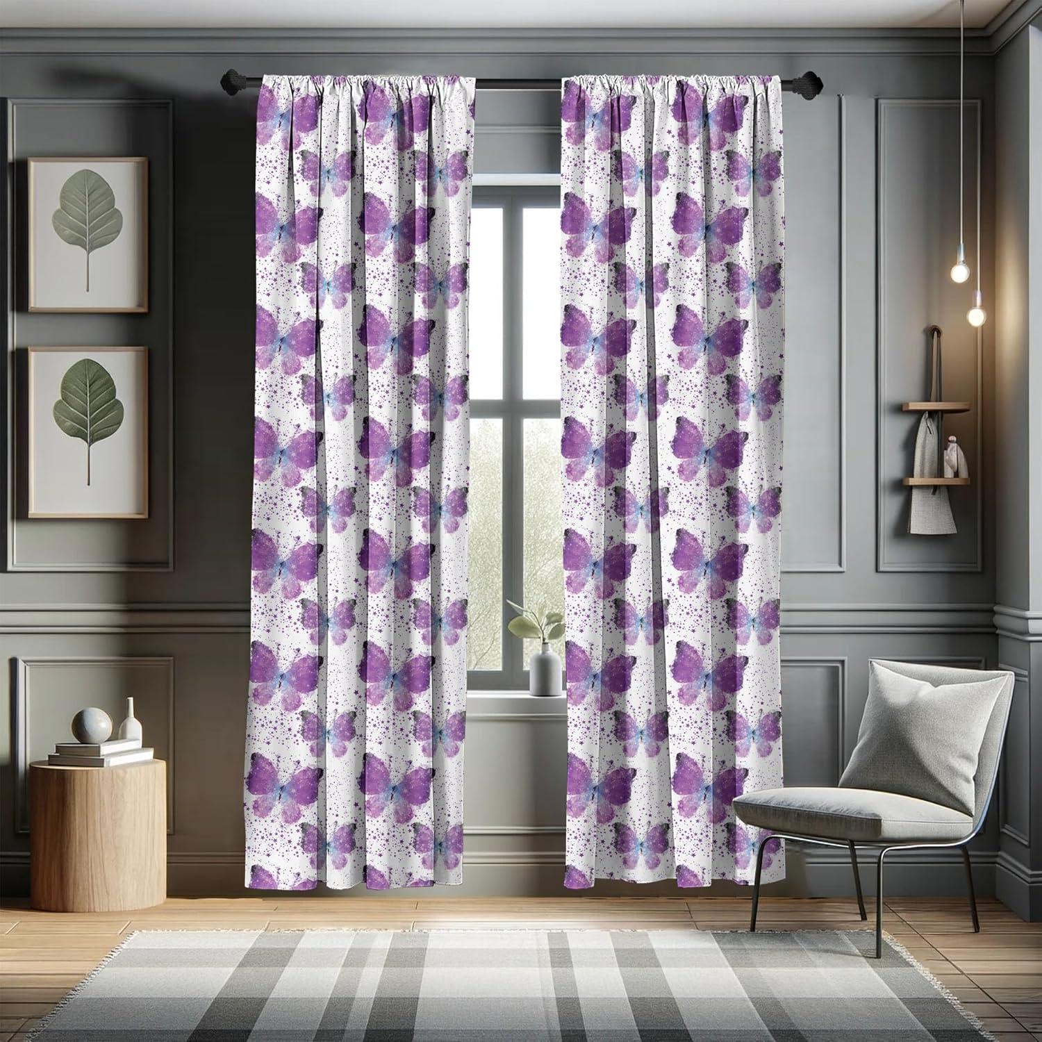 Ambesonne Butterfly Curtains, Modern Poly Effect, Pair of 28"x63", Purple Pale Blue White