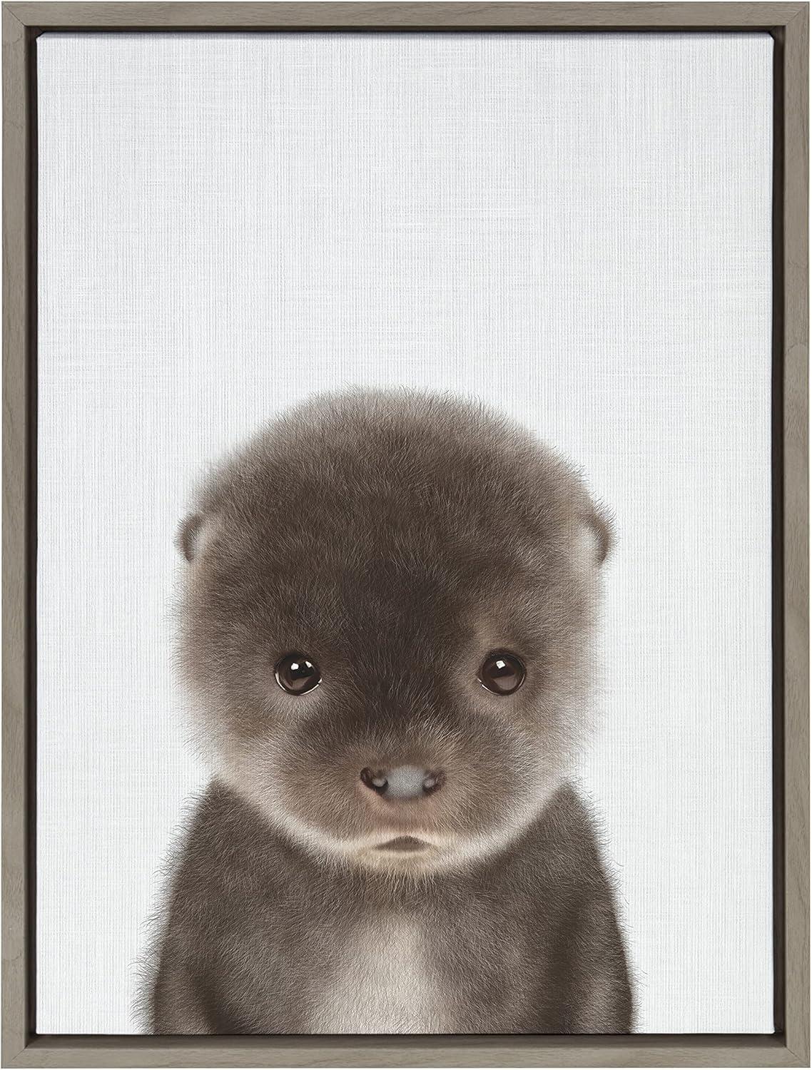 Kate and Laurel Sylvie Baby Otter Color Illustration Framed Canvas by Simon Te of Tai Prints, 18x24, Gray