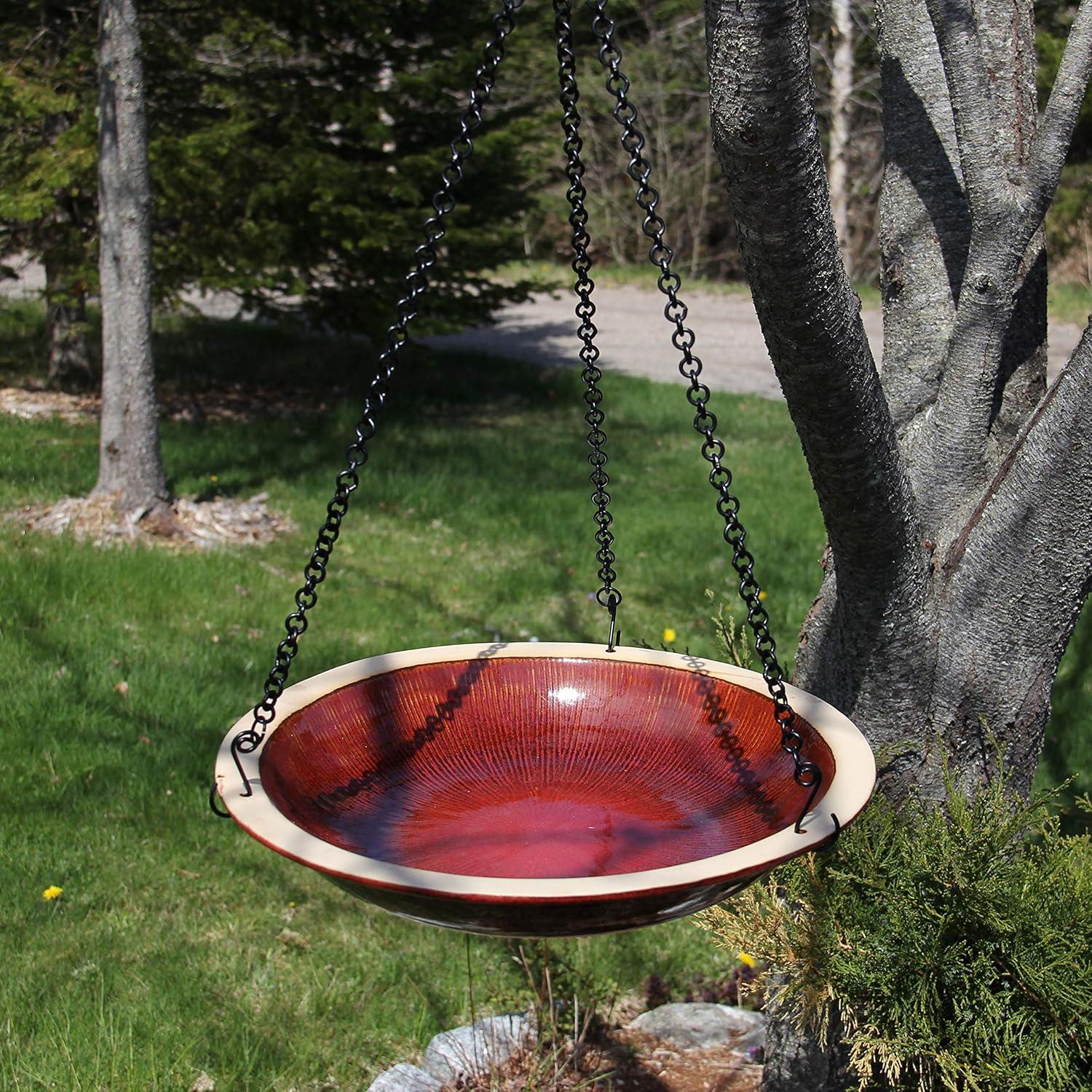 Autumn Red Porcelain Hanging Bird Bath with Adjustable Chain