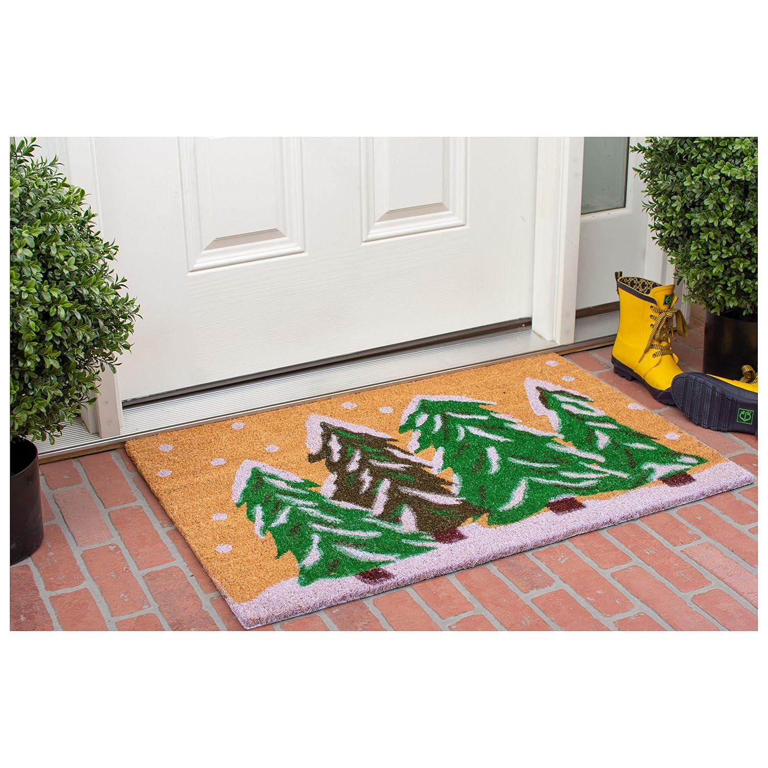 HomeRoots 17" X 29" Natural and Green Coir Christmas Trees Outdoor Christmas Door Mat