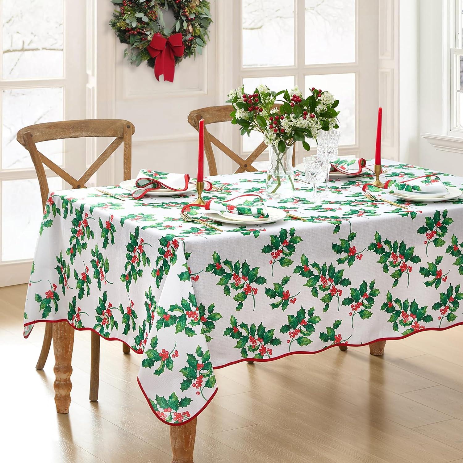 Vintage Holly Scalloped Edge Red and Green Polyester Tablecloth