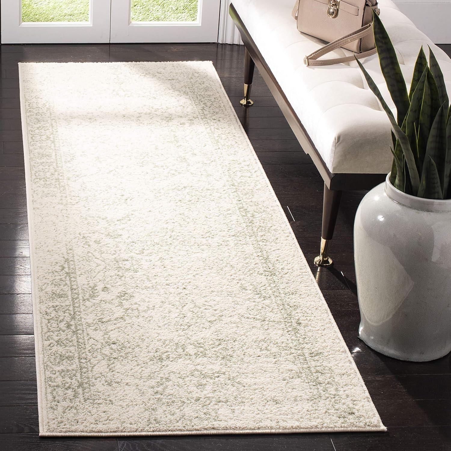 Ivory and Sage Oriental Distressed Runner Rug - Easy Care, 2'1" x 6'