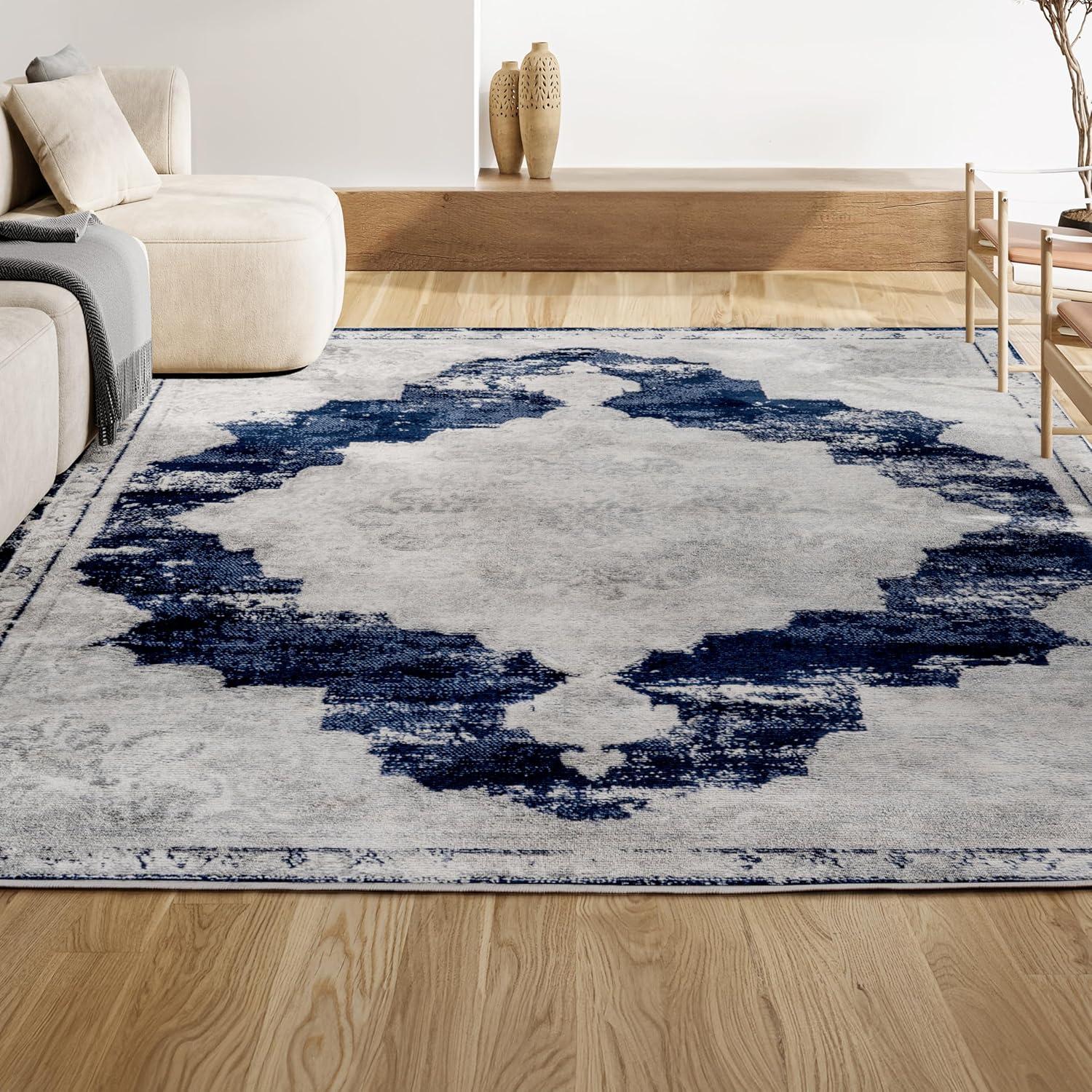 8'x10' Alhambra Ornate Medallion Modern Area Rug, Ivory/Navy - JONATHAN Y