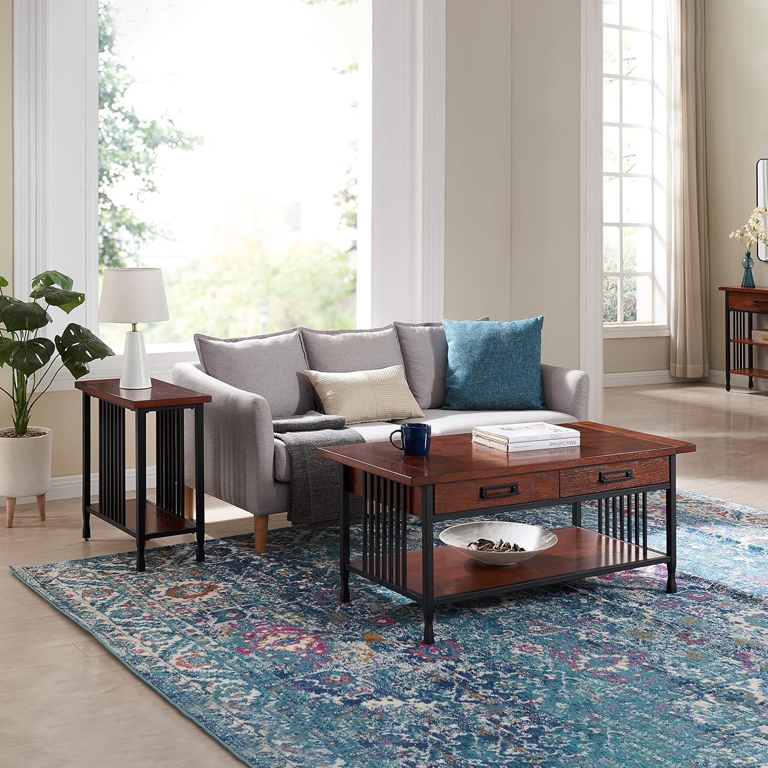 Leick Home 11204 Ironcraft Two Drawer Rustic Coffee Table with Shelf, Mission Oak and Black