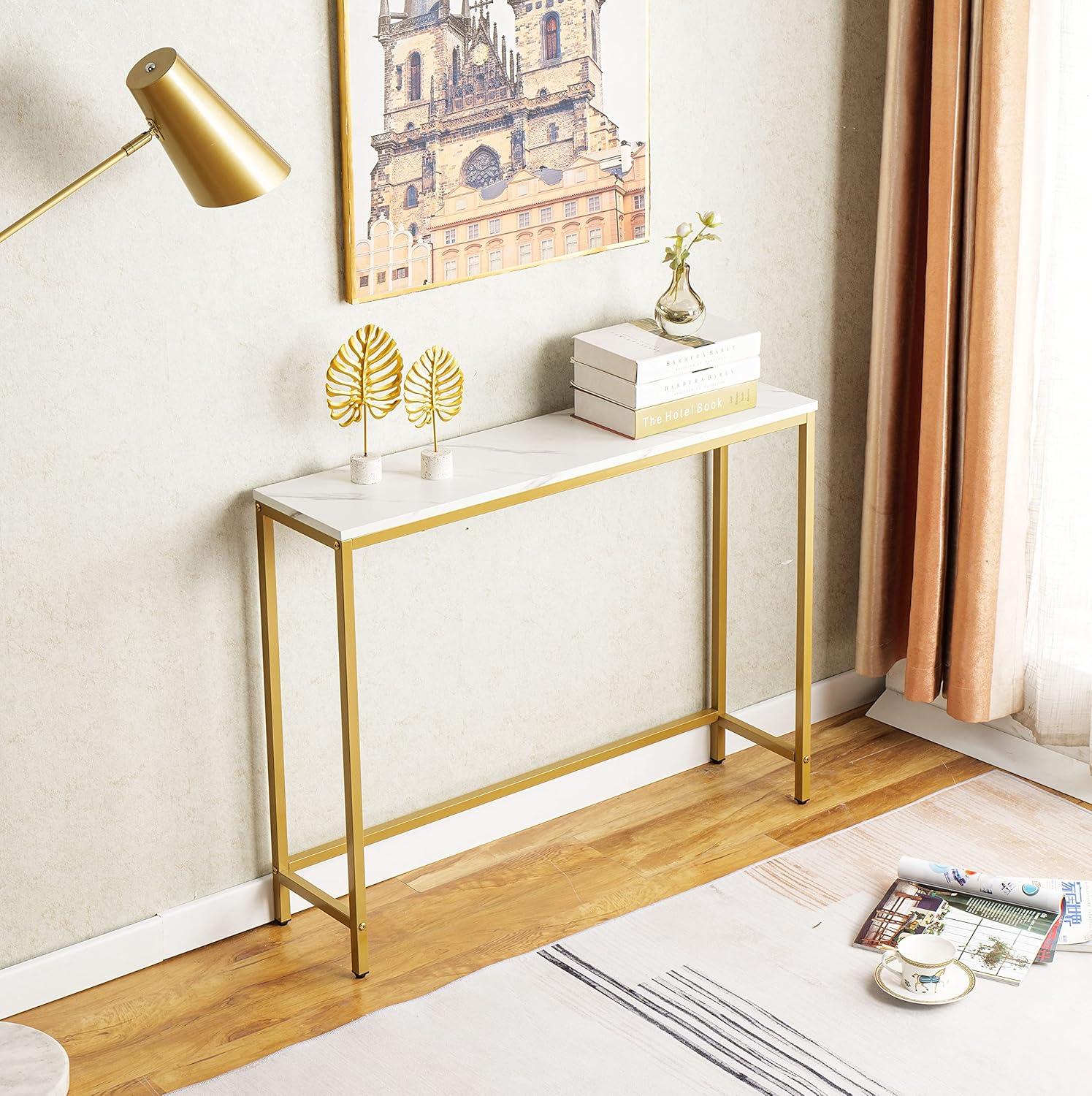 Console Table for Entryway, Faux Marble MDF Sofa Table with Golden Frame (Single Layer, White Marble)
