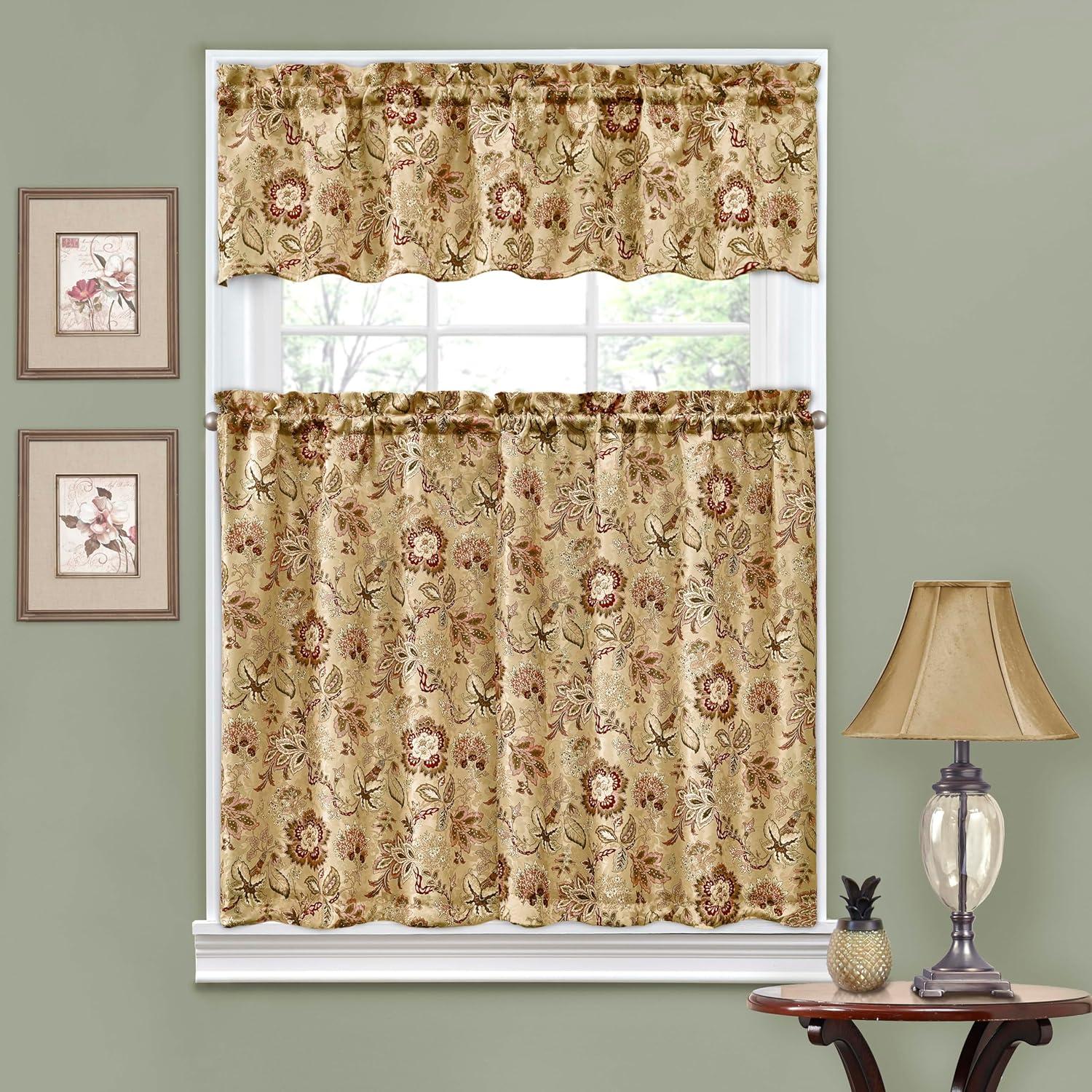 Beige Floral Polyester Sill Length Tier Curtains Set