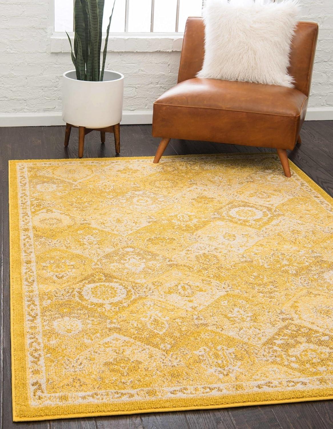 Yellow and Beige Geometric Rectangular Synthetic Rug