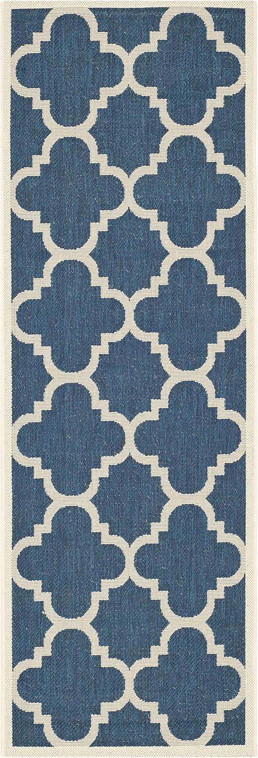 Safavieh Courtyard Becky Quatrefoil Indoor/Outdoor Runner Rug, 2'3" x 14', Navy/Beige
