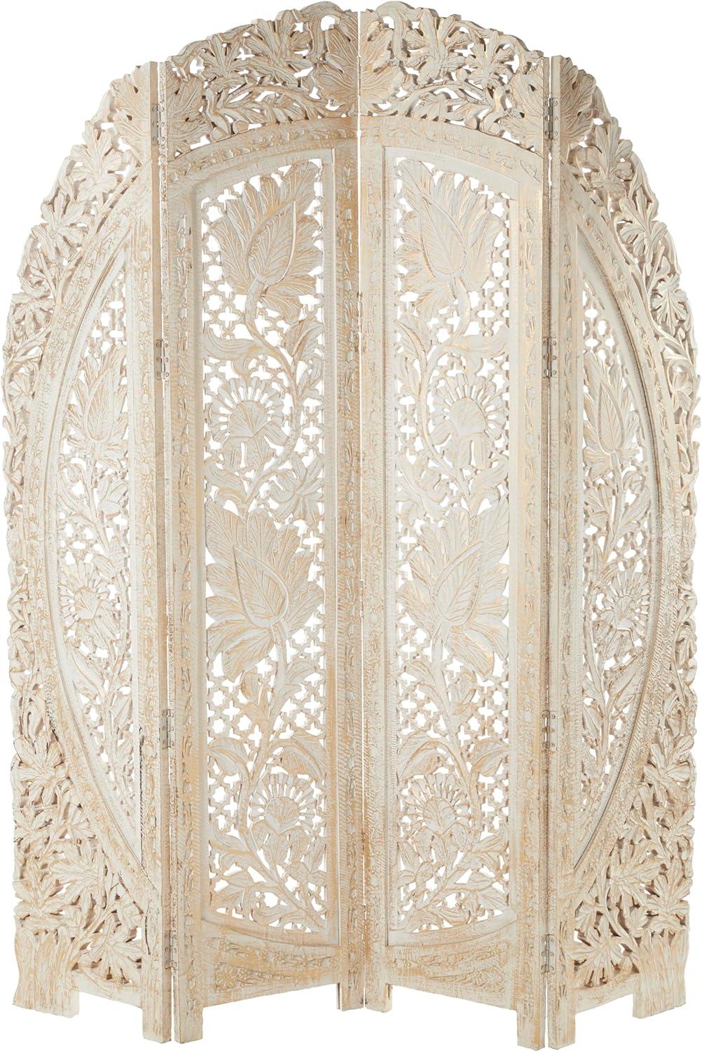 DecMode 60" x 72" White Wood Floral Handmade Foldable Arched Partition 4 Panel Room Divider Screen with Intricately Carved Designs, 1-Piece