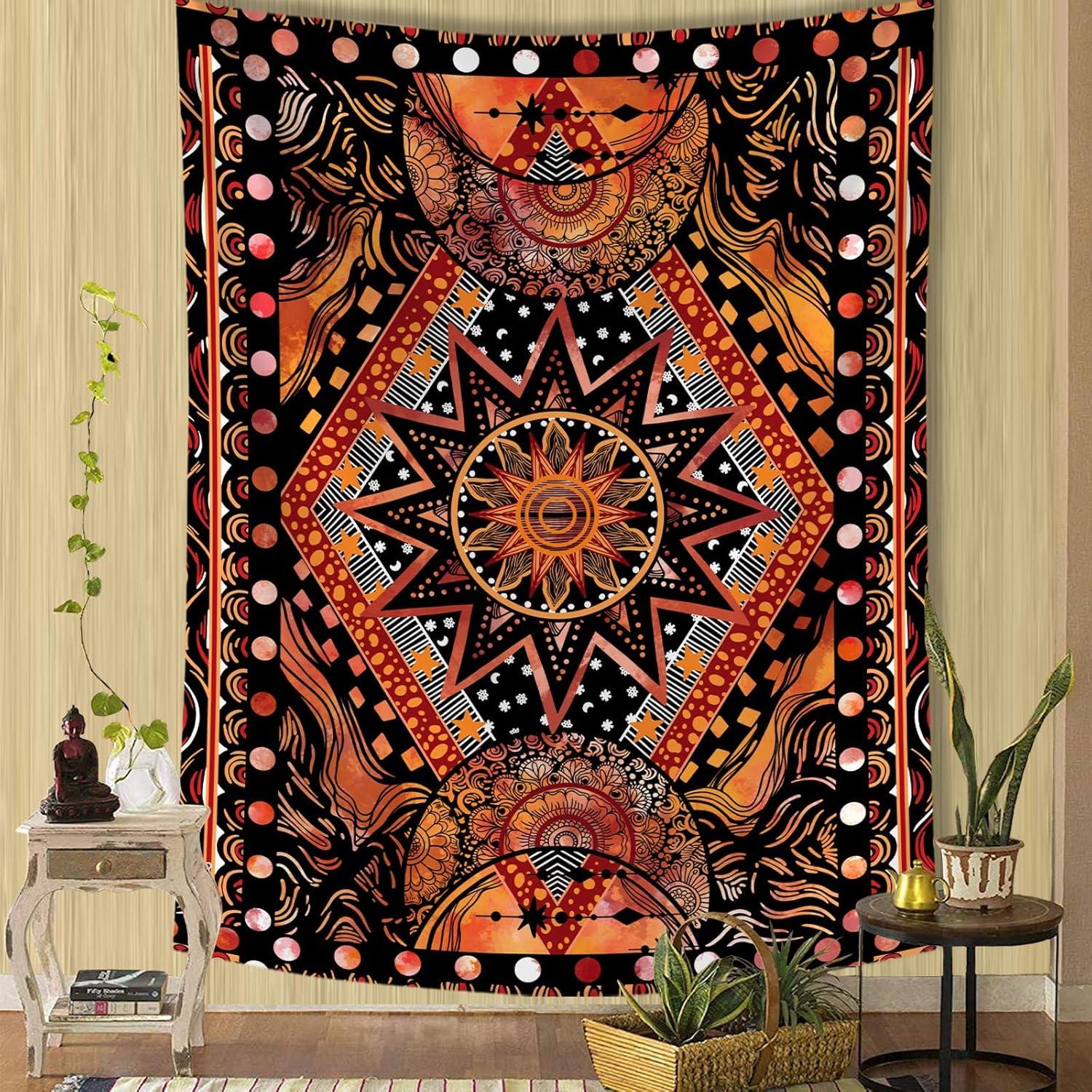 Orange Sun and Moon Mandala Tapestry Wall Hanging, 60'' x 80''