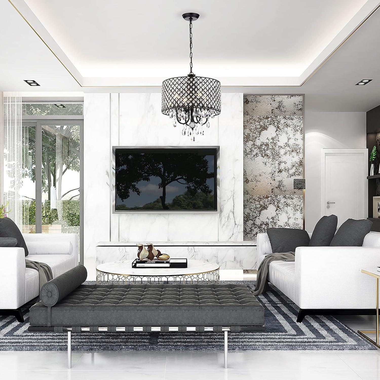 Antique Black Crystal Drum Shade 4-Light Chandelier