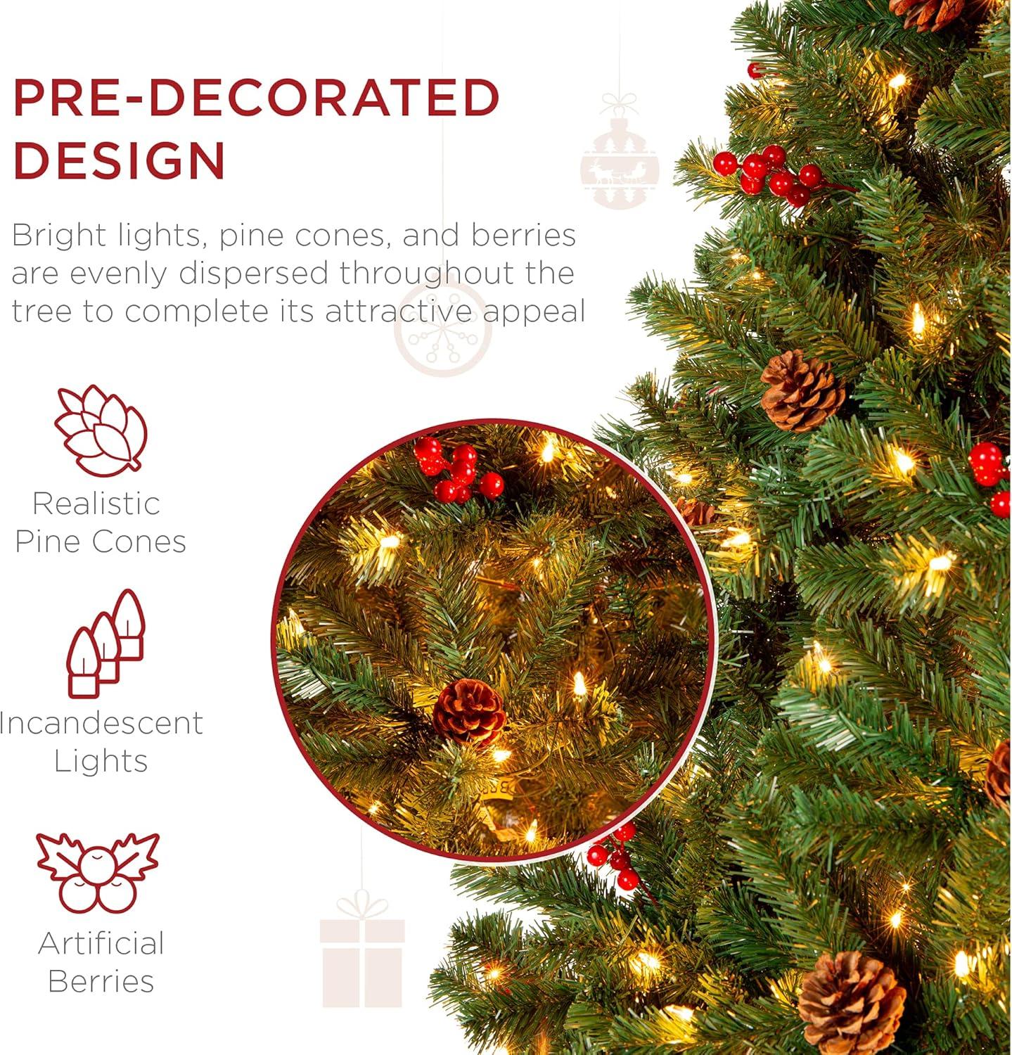 Best Choice Products Pre-Lit Pre-Decorated Holiday Spruce Christmas Tree w/ Tips, Lights, Metal Base