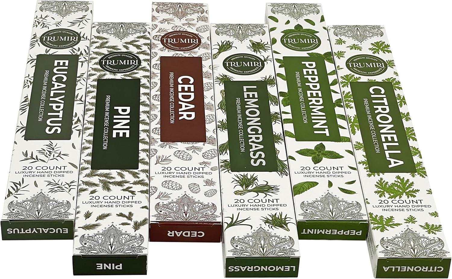 Trumiri Leafy Incense Sticks Variety Pack & Incense Burner - Gift Set - 120 Incents (6 fragrances x 20 pieces each) - Citronella, Lemongrass, Eucalyptus, Peppermint, Pine, Cedar