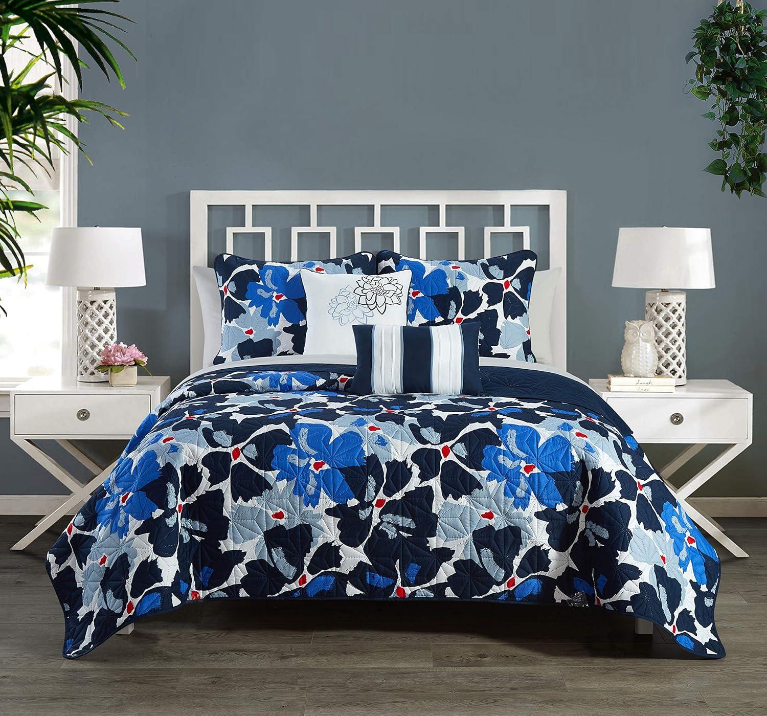 Blue Floral Microfiber Queen Quilt Set with Decorative Pillows