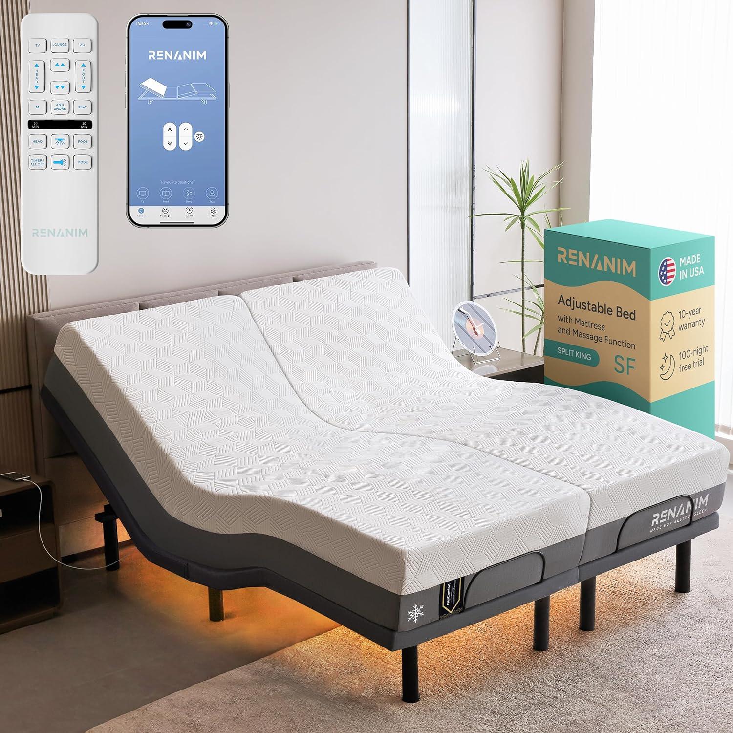 Renanim Serenityflex Adjustable Base & Hybrid Mattress – Split King-Size Adjustable Base with 12 in. Cooling Gel Mattress, Massage, USB Ports, Remote & Under-Bed Light – Reclining Electric Bed Frame