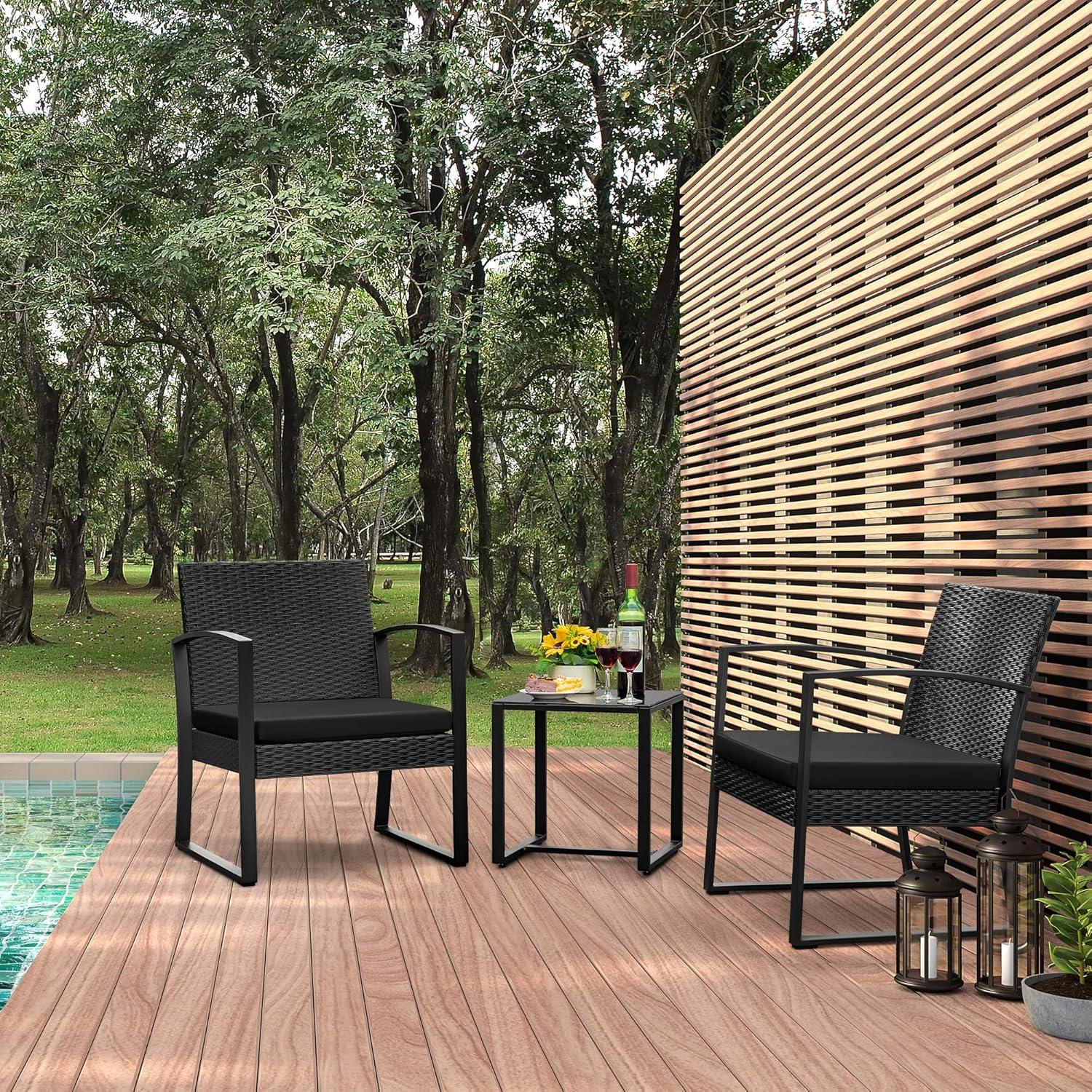 Black Wicker and Steel Outdoor Patio Set with Glass Table