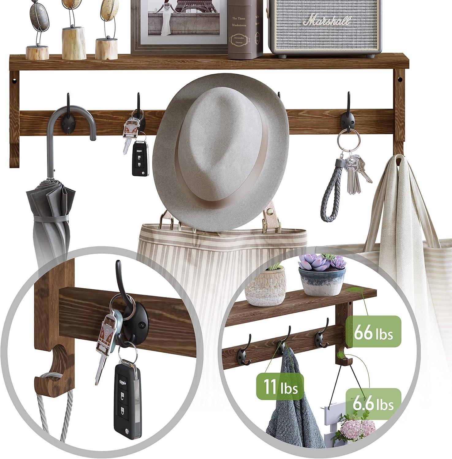 AMBIRD 28.9 Inch Length Shelf with Hooks Entryway Coat Rack Wall Mount Wood Coat Hooks with Shelf Wall-Mounted Coat Hook Rack with 5 Dual Hooks for Bathroom, Living Room, Bedroom (Brown)