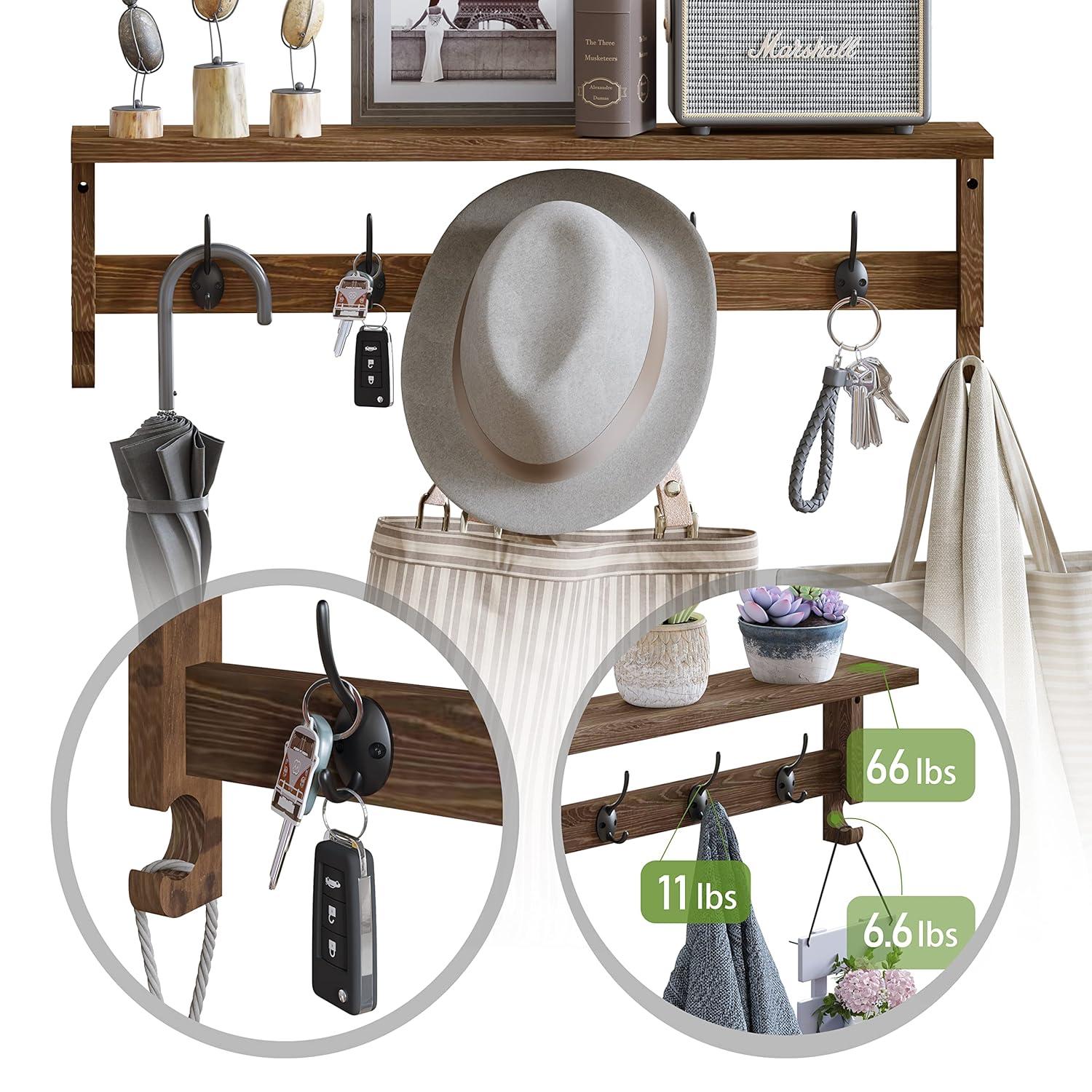 AMBIRD 28.9 Inch Length Shelf with Hooks Entryway Coat Rack Wall Mount Wood Coat Hooks with Shelf Wall-Mounted Coat Hook Rack with 5 Dual Hooks for Bathroom, Living Room, Bedroom (Brown)