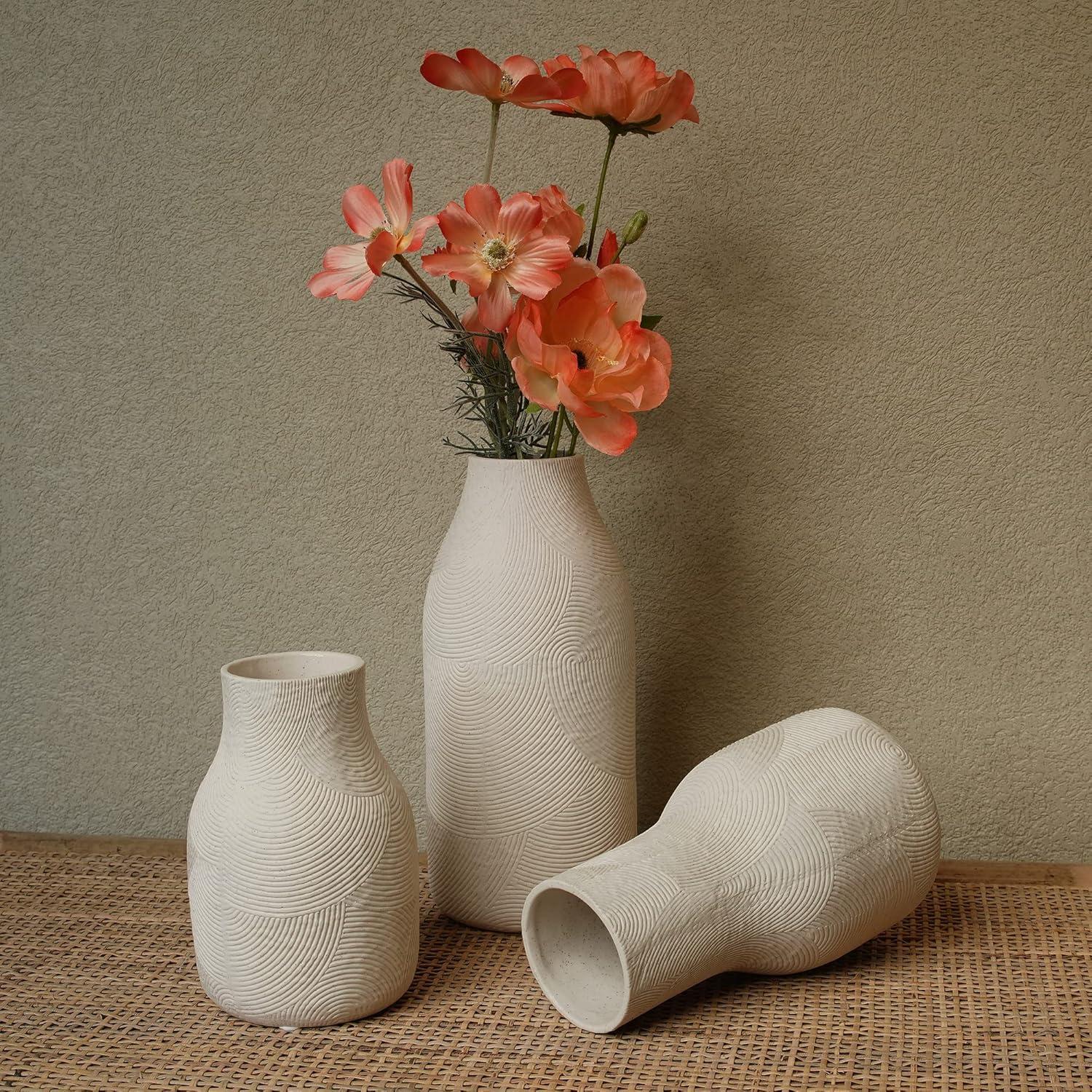 Matte White Textured Ceramic Vase Set of 3