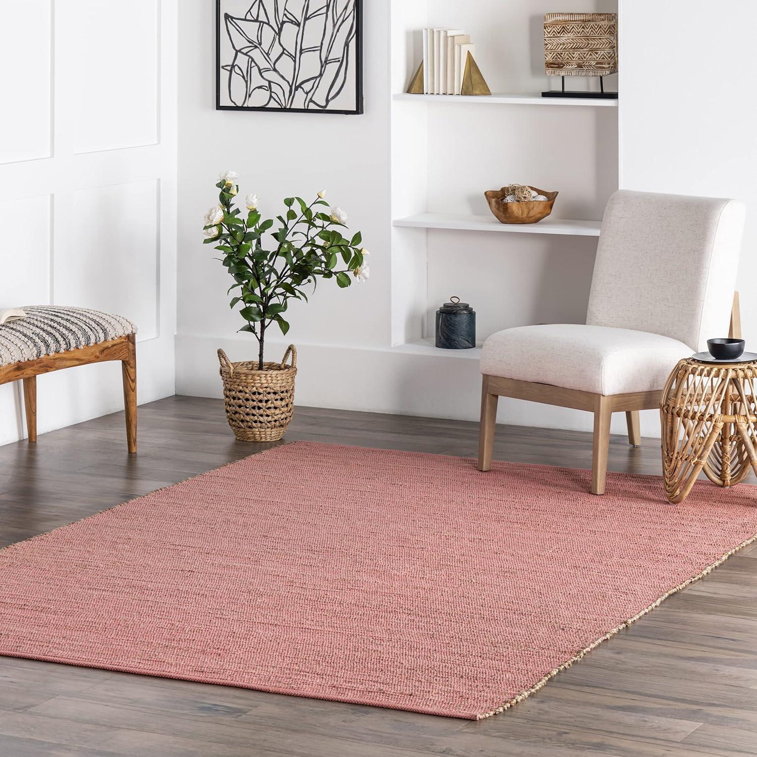 Nuloom 4x6 Elfriede Jute & Cotton Hand Woven Indoor Area Rug, Pink, Solid Rustic Farmhouse Style Natural Fiber Bedroom, Living Room,