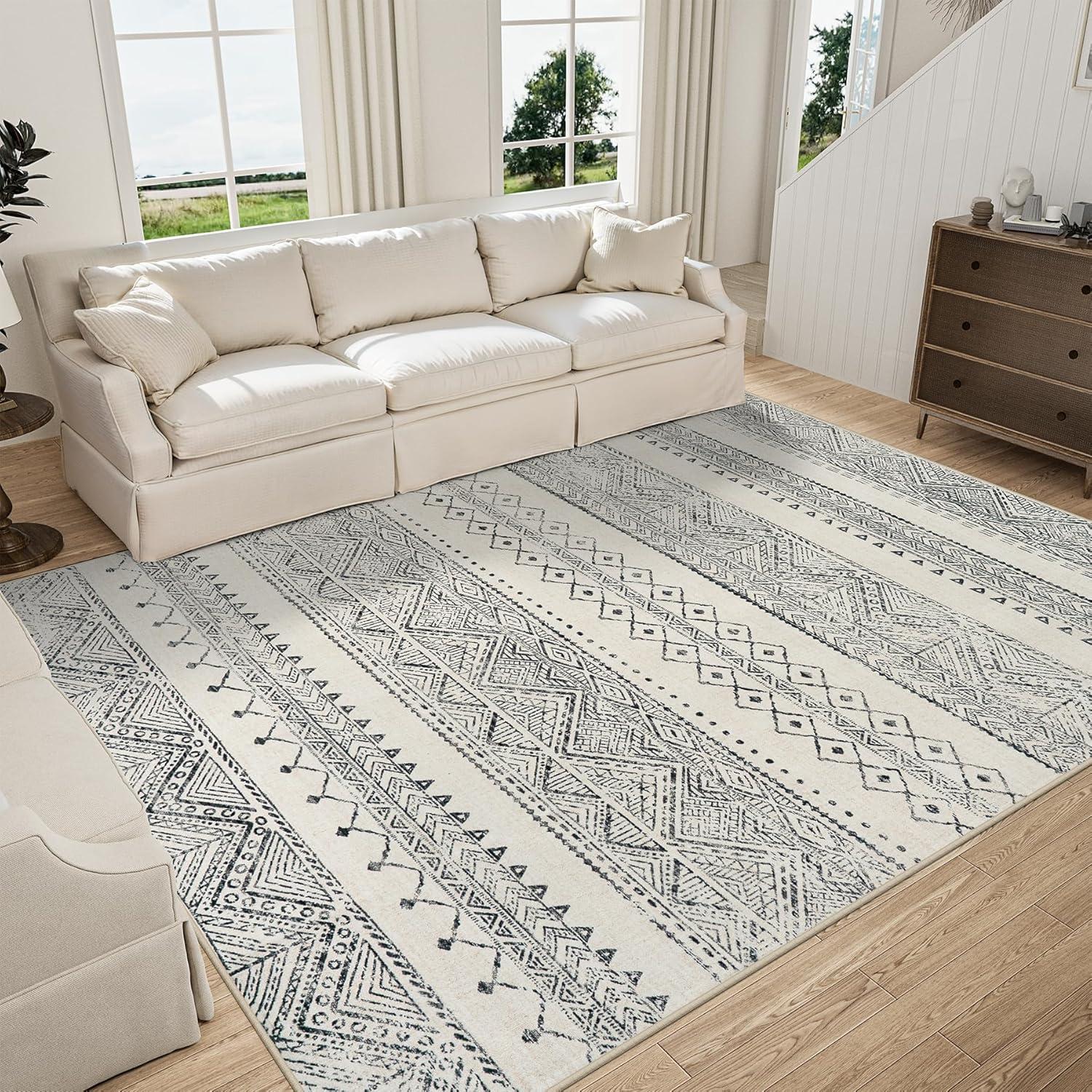FairOnly 9'x12' Brown White Area Rugs Machine Washable Vintage Rugs for Bathroom Geometric Moroccan Ultra-Thin Area Rugs for Family Room Living Room Carpet