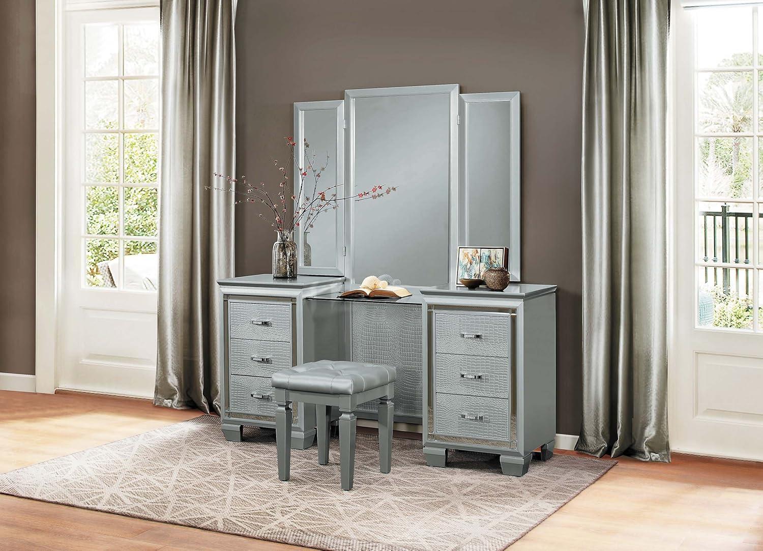 Wooden Vanity Stool With Faux Leather Tufted Seat, Gray- Saltoro Sherpi