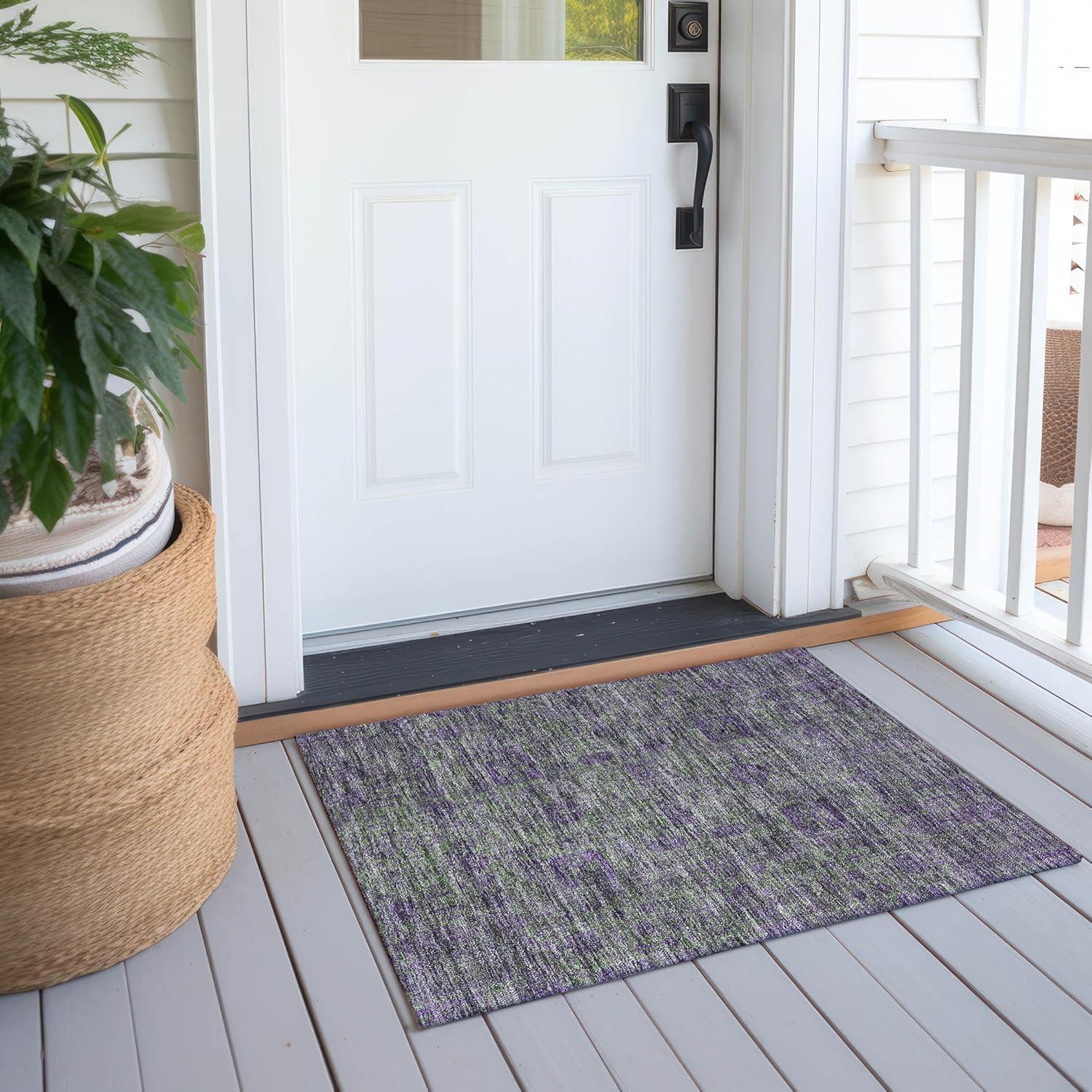 Fern Green and Purple Synthetic Flat Woven Washable Rug