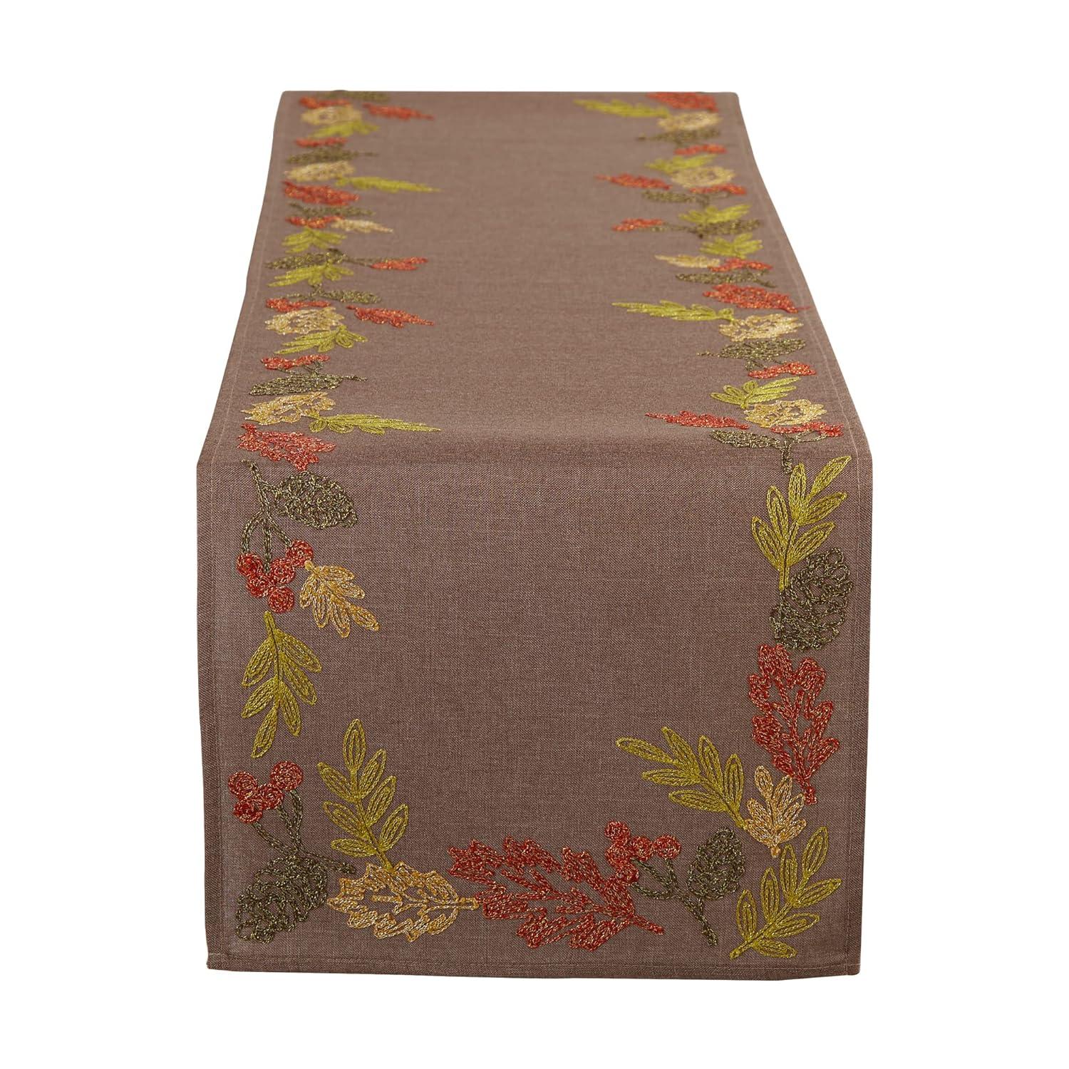 DII 70x14" Polyester Fabric Shimmering Leaves Embroidered Table Runner in Brown