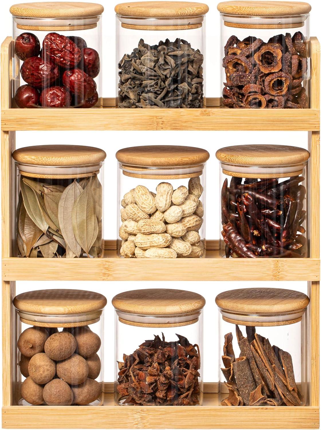 Rebrilliant Rebrilliant Versatile 3-tier Bamboo Spice Rack And Pantry Organizer With 9 Glass Jars – Perfect For Countertop Storage In Kitchens To Keep Seasoning Containers Neatly Displayed And Easily Accessible