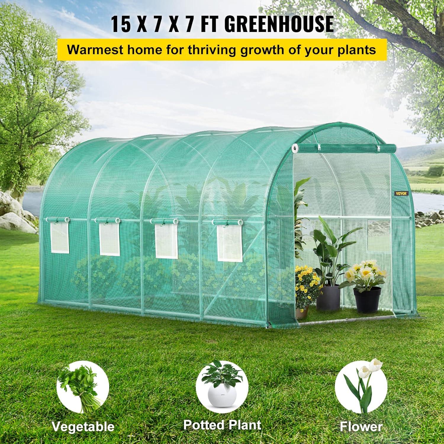 Green Walk-In Tunnel Greenhouse with Zippered Door and Windows